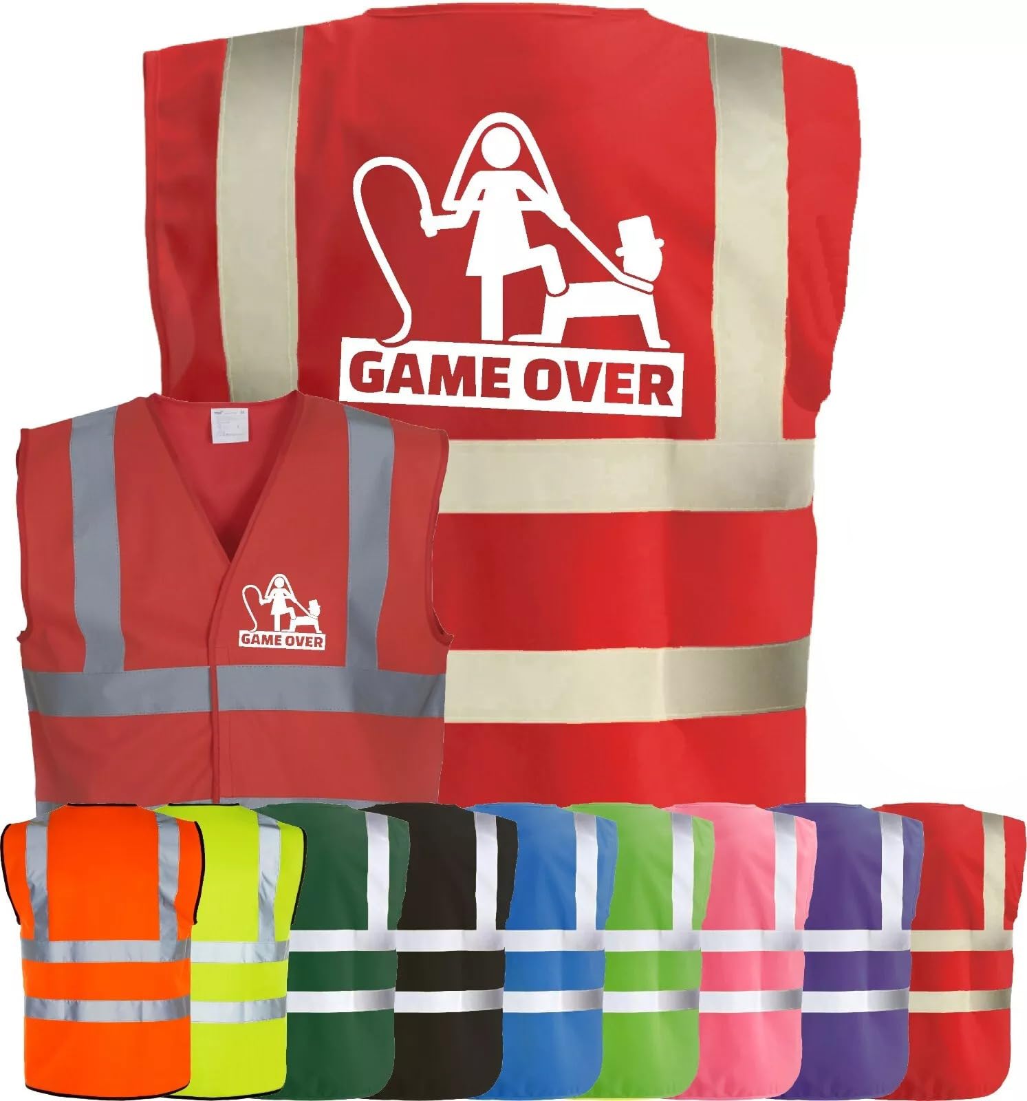 Corporate Togs GAME OVER Funny Hi Vis Vest, Stag Do Party Wedding Groom Printed Vest, Reflective Trim, Fully EN471 Health & Safety Compliant Gear, Small-XXXL | Safety Vests