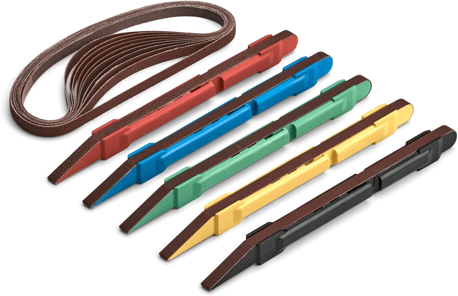 5 Piece Sanding Detail Stick Set with 2 Extra Replacement Belts per Stick, 5 Grits 120, 240, 320, 400 & 600 Grit Made in The USA for Sanding Wood, Metal & Plastics, Long Life Sanding Belts