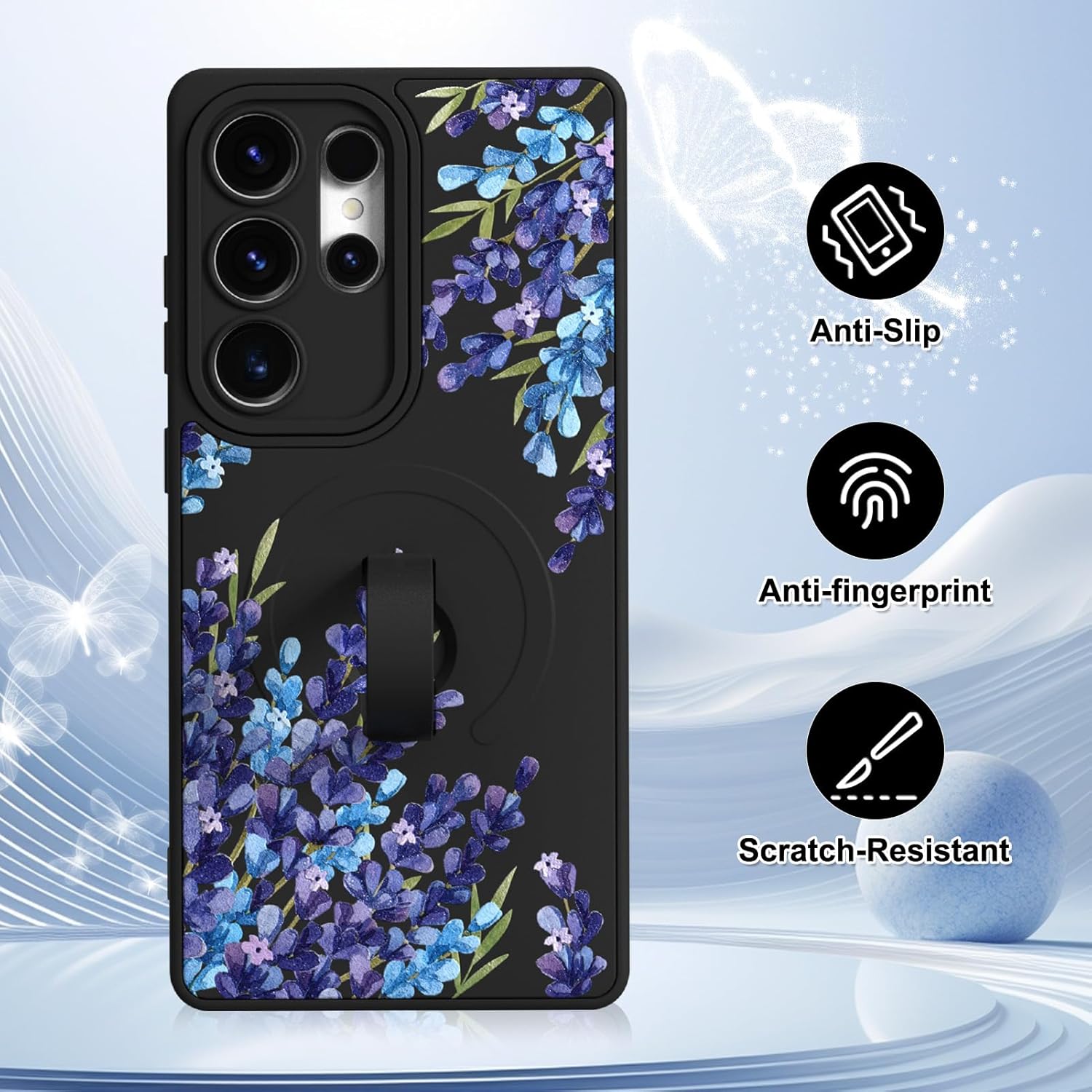 Gukalong Magnetic Phone Case for Samsung Galaxy S25 Ultra 6.9 Inch (Compatible with MagSafe) Lavender Purple Floral Flower Slim Phone Cover with Stand Shockproof Protective Kickstand Case for Women - Image 4