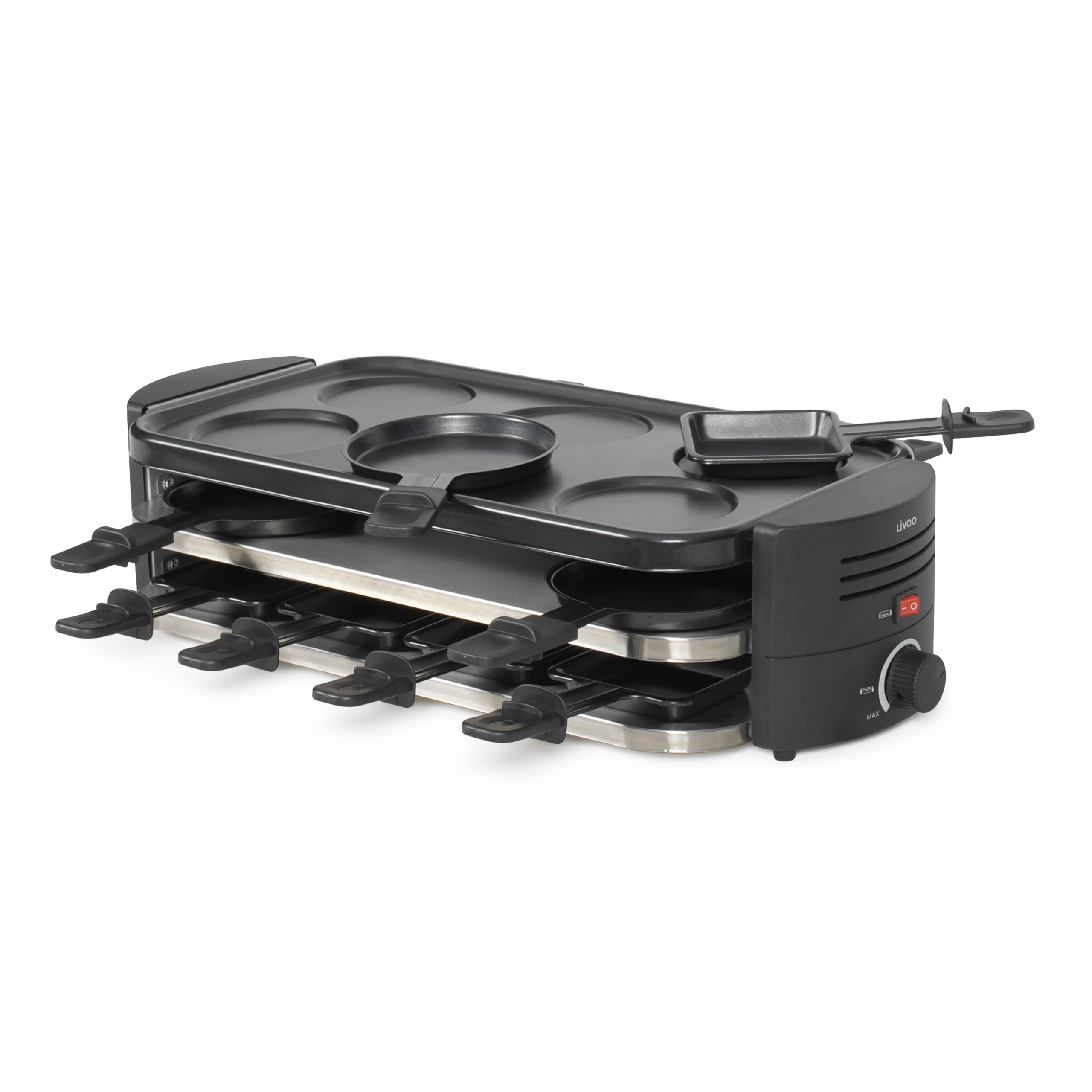 Livoo - Appareil à raclette, pizzas et crêpes 8 personnes DOC337-1600 W, sans PFAS, Noir