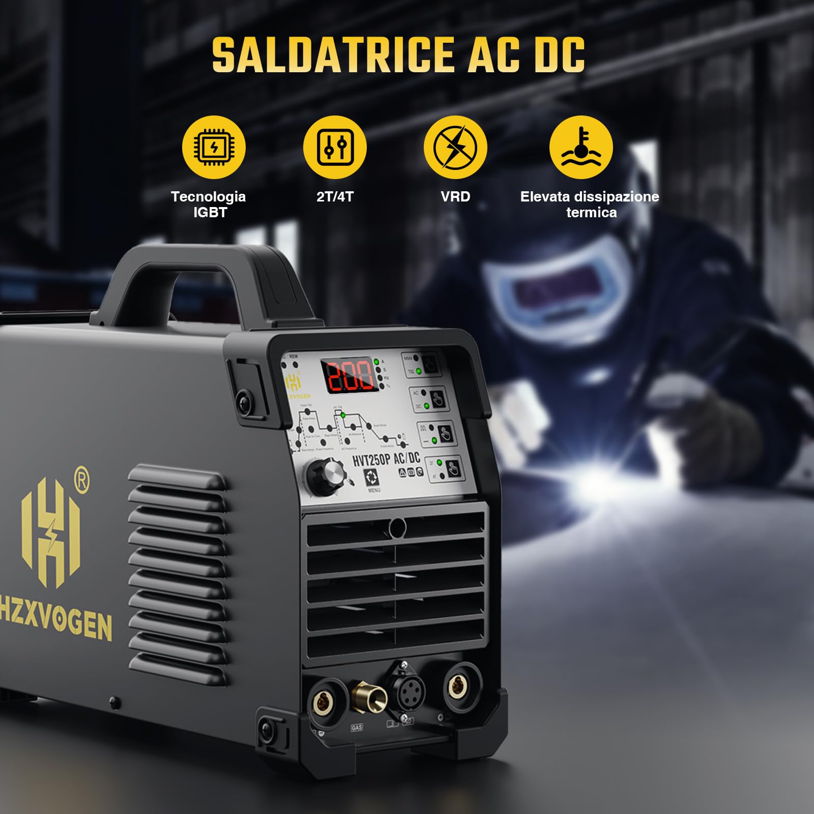 H HZXVOGEN Saldatrice TIG, 200A TIG Welder AC/DC con impulso, 230V HF TIG/Stick/Spot/Pulse/ACDC TIG/2T 4T 6 in 1 alluminio IGBT Inverter Saldatrice Elettrodo, HVT250P conTemperaturgesteuerter Lüfter