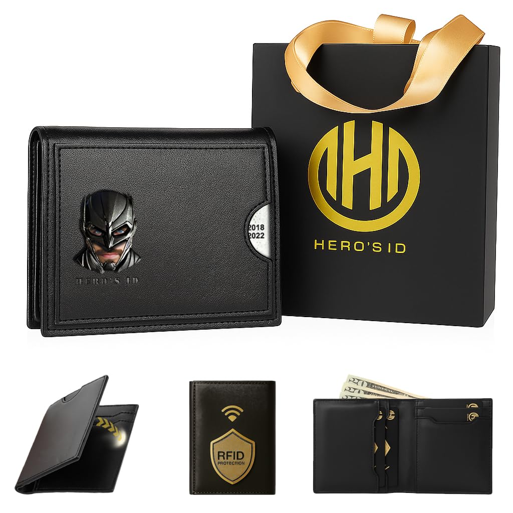 Leather Bat Wallet for Men Valentines day gift for him Personalized Gift for Husband Unique Birthday Holiday Gifts Best for Anniversary | Hero ID with