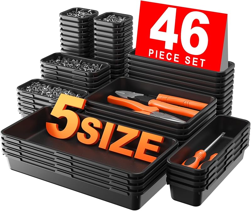 【𝟰𝟲𝗣𝗖𝗦 & 5 Size】 Tool Box Organizer Tray Divider Set, 【Black】 Bathroom Drawer Organizer Bin, Garage Organization and Storage Toolbox Rolling Tool Chest Cart Cabinet WorkBench Small Part