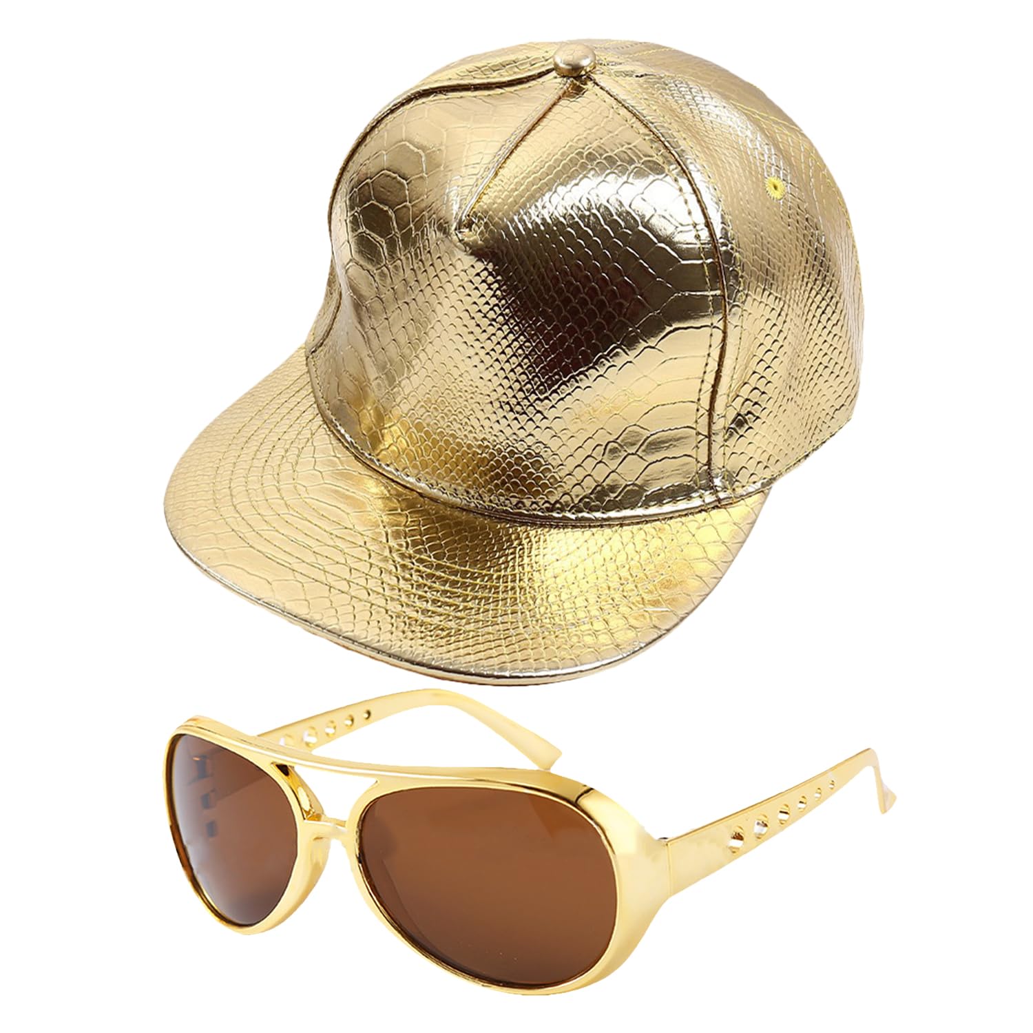 HAICN 2Pieces Hip-Hop Costume Outfit Baseball Gold Cap Sunglasses Rapper Fancy Dress Accessories for Women Men Hippie Party Supplies
