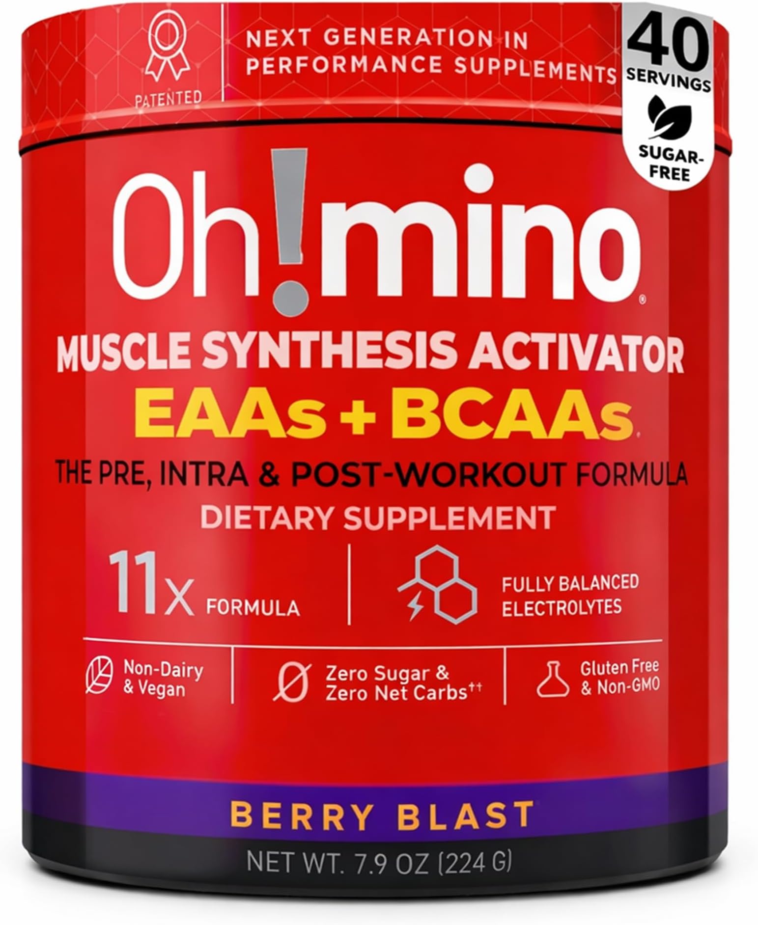 Oh!mino Essential Amino Acids Supplement Drink Powder, Berry Blast, Caffeinated Powder, All 9 EAAs, BCAAs and The Perfect Amino for Workouts, Amino Energy, and to Build Muscle, and Recover Faster