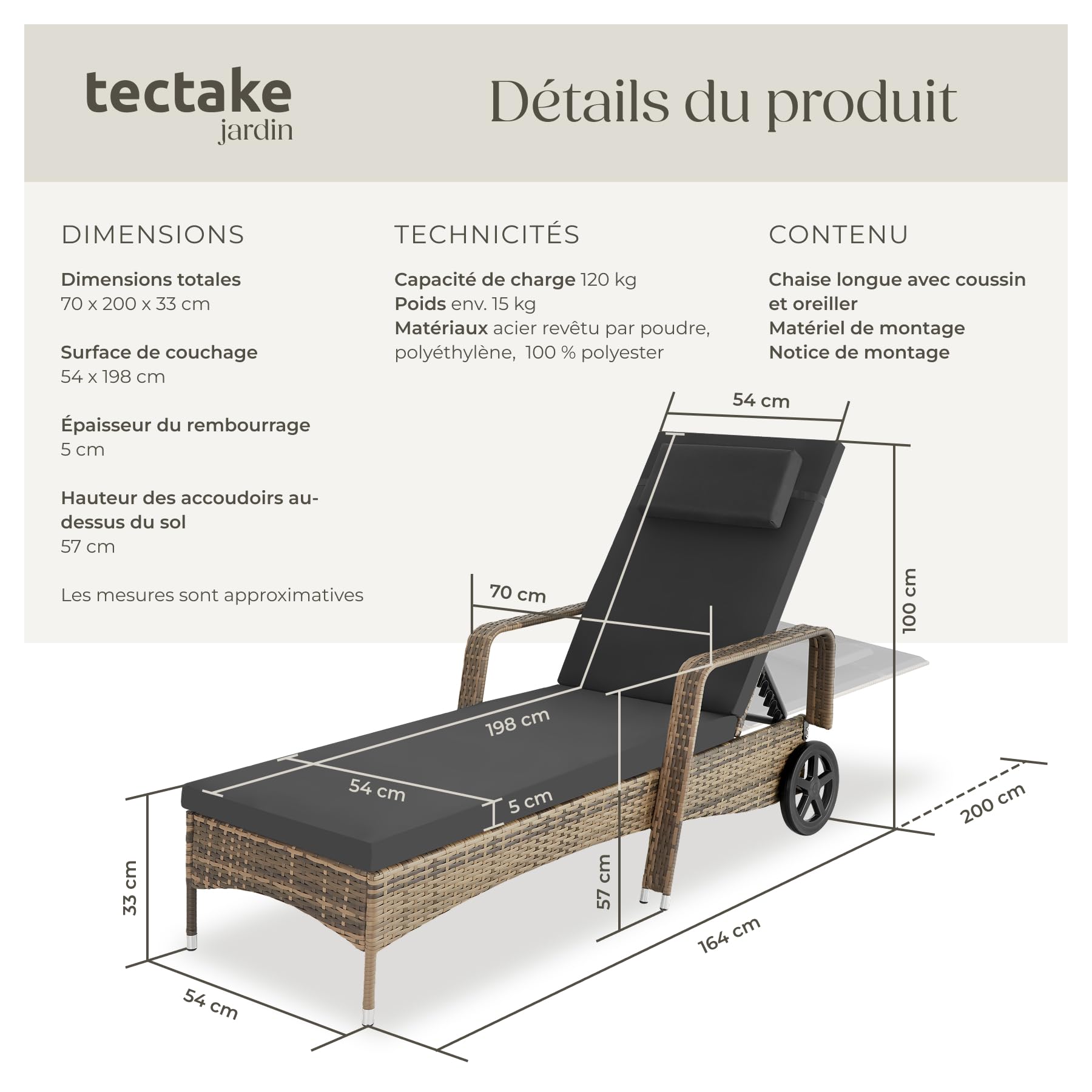 tectake® Chaise Longue Bain de Soleil en Resine Tressee Résistant Inclinable avec Roulettes Transat Salon de jardin exterieur Mobilier de Jardin Chaise Longue Piscine Plage - Marron Naturel/Gris Foncé