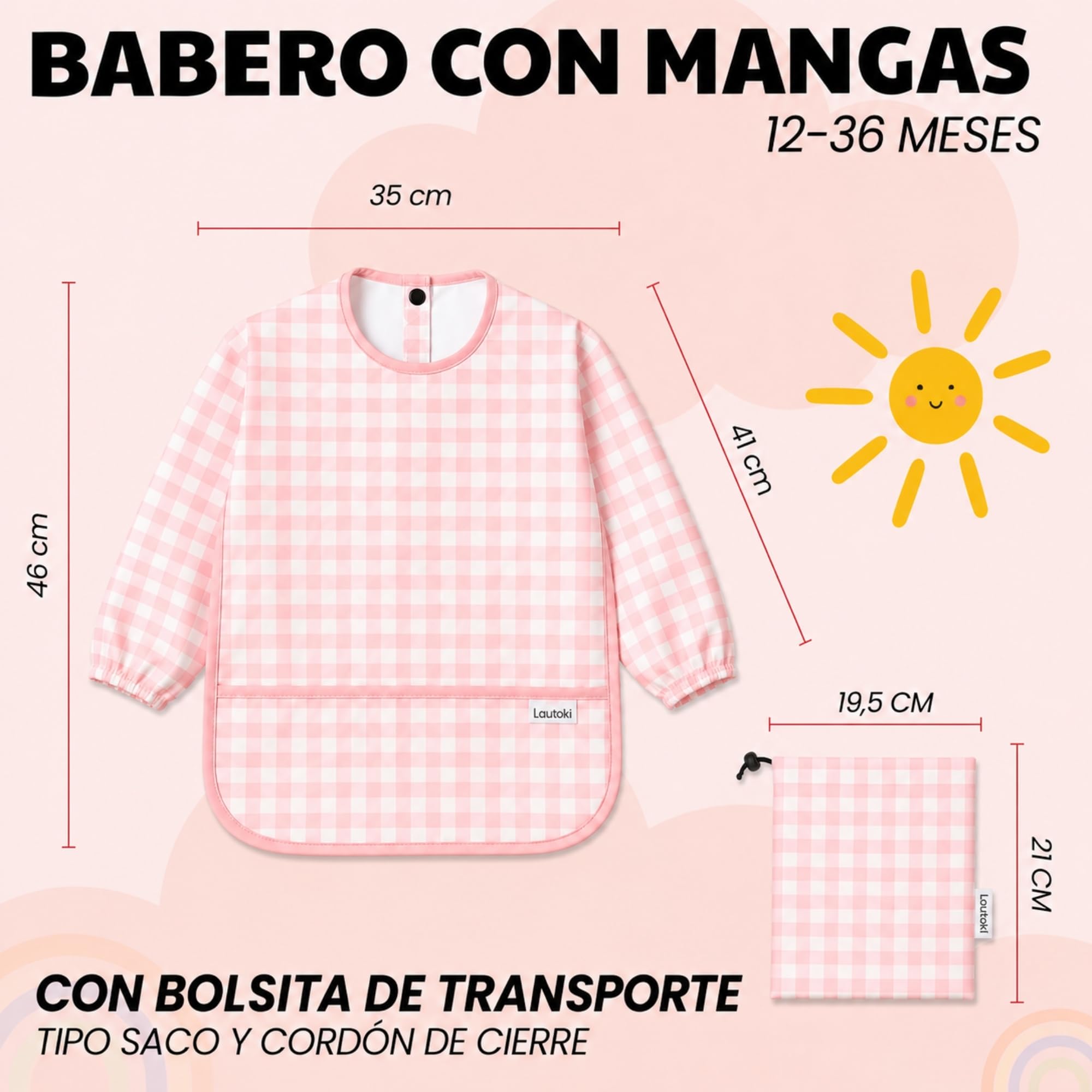 Baberos Bebé Impermeables con Mangas + Bolsita de Transporte - Babero BLW para Bebé 12–36 Meses - Doble Capa 100% Impermeable - Puños Elásticos y Bolsillo Canguro - Fácil de Limpiar