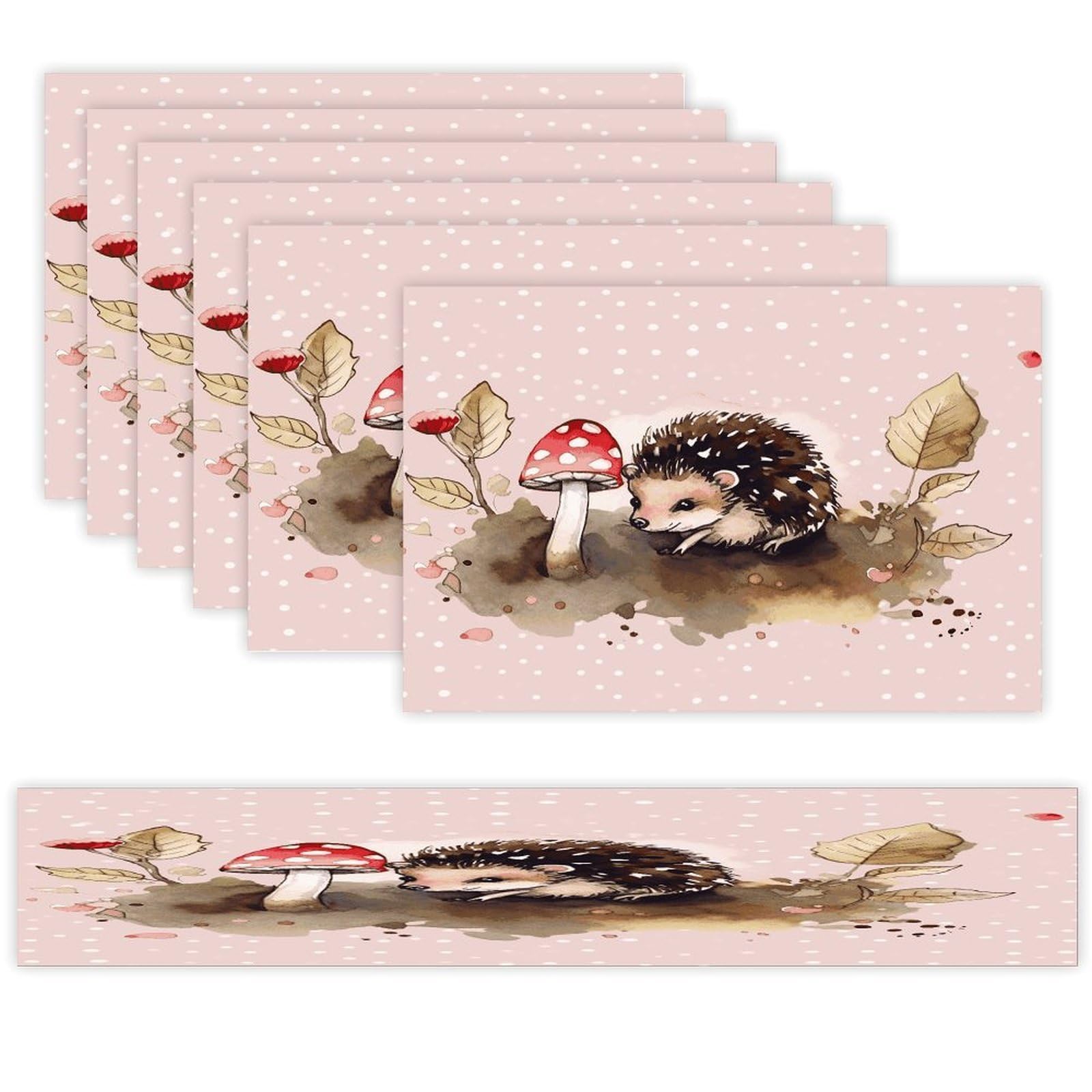 Hedgehog Watercolor Painting Table Runner and Placemats Set of 6 for Kitchen Washable Table Mats Heat Resistant Place Mats Non-Slip Place Mat Wipeable Placemat(6 Placemats+1 Table Runner)