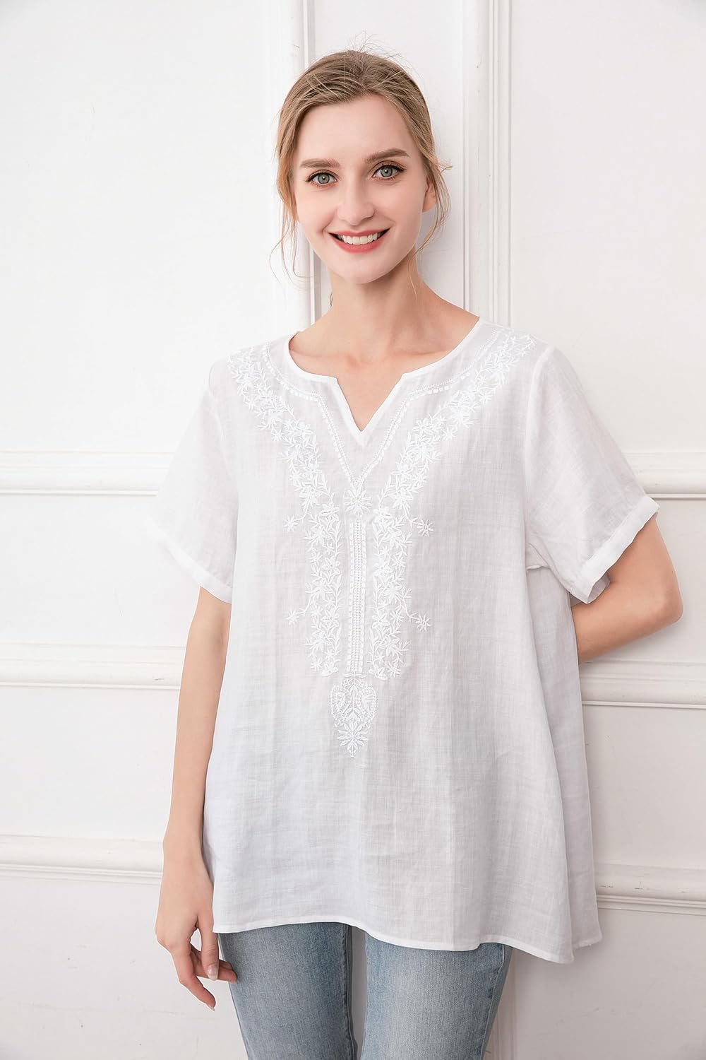 Minibee Women's Linen Shirts Summer Boho Blouse V Neck Short Sleeve Embroidered Tunic Tops