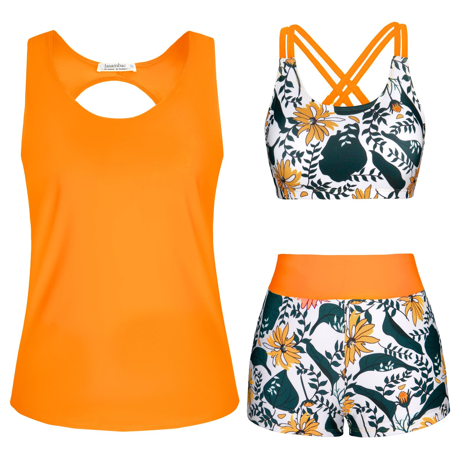 JASAMBAC 3-teiliger Tankini Damen Bauchweg, Push-up-Bikinioberteil und High Waist Badeshorts, einfache Badebekleidung, Damen-Sport-Badeanzug, Bademode für Schwimmbad, Strand