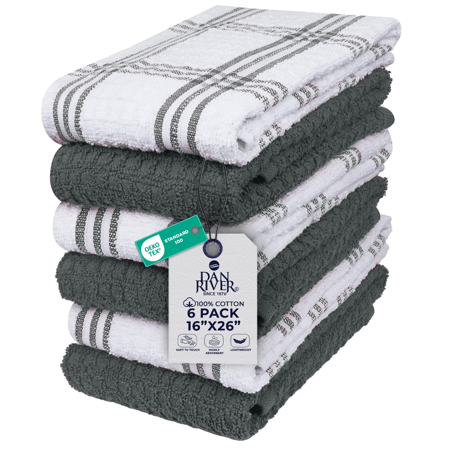 DAN RIVER Gray Kitchen Towels, 6 Pack, 16x26 Inches Absorbent Dish Towels
