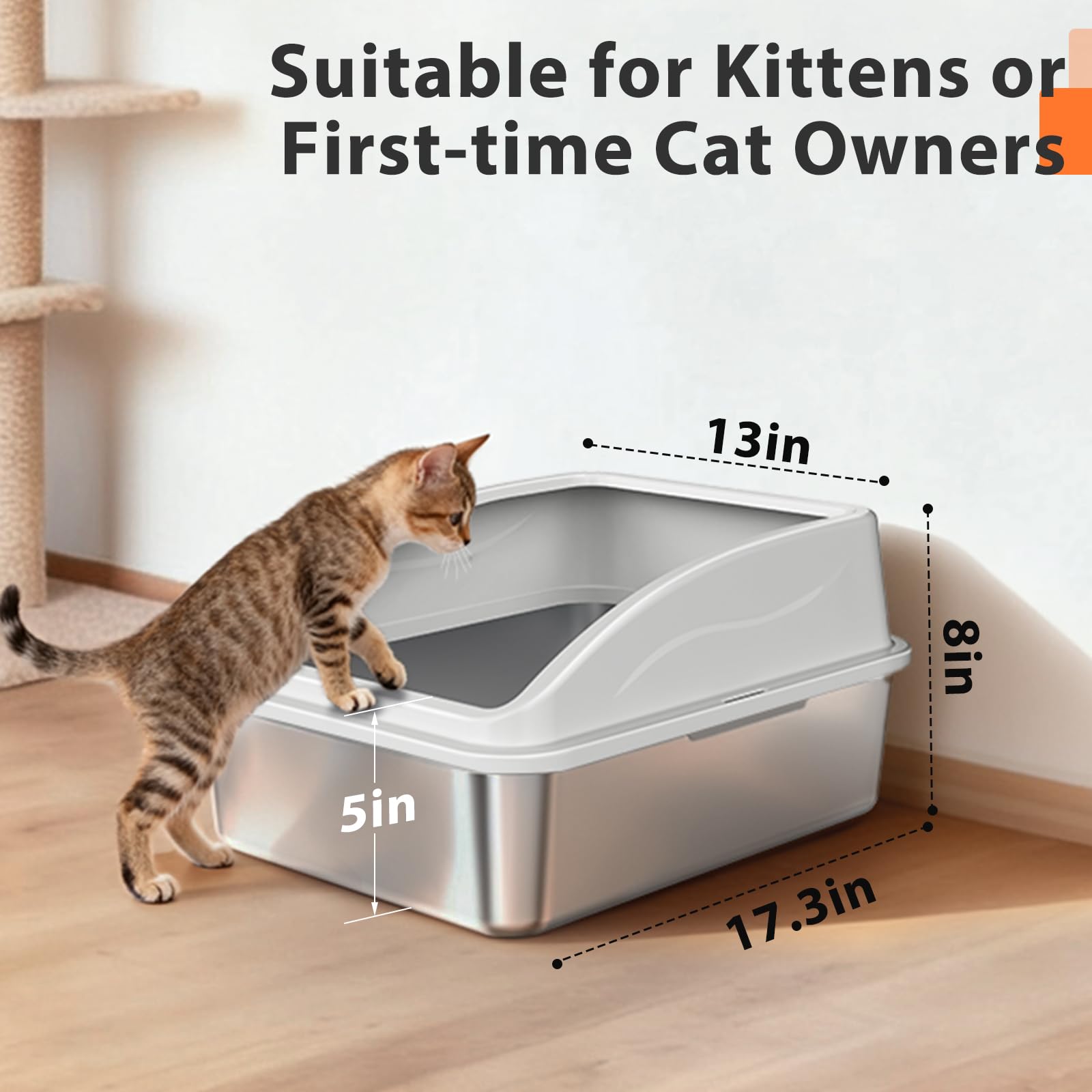 AIPERRO Caja de arena de acero inoxidable | Caja de arena de metal para gatitos con tapa de cara alta para gatos pequeños o gatos heridos, cajas de arena de conejo, entrada baja, sin olor