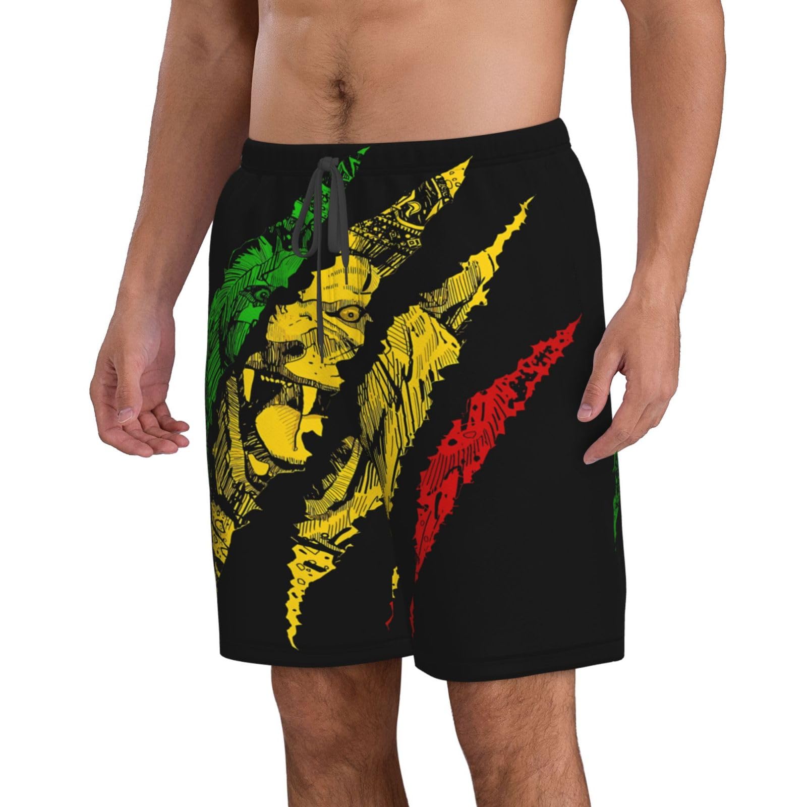 Nruairly Reggae Lion Jamaica Flag Men's Quick Dry Swim Trunks Beach Board Shorts Swimming Swimwear Hawaiian Bathing Shorts Summer Swimsuit with Pockets Large White