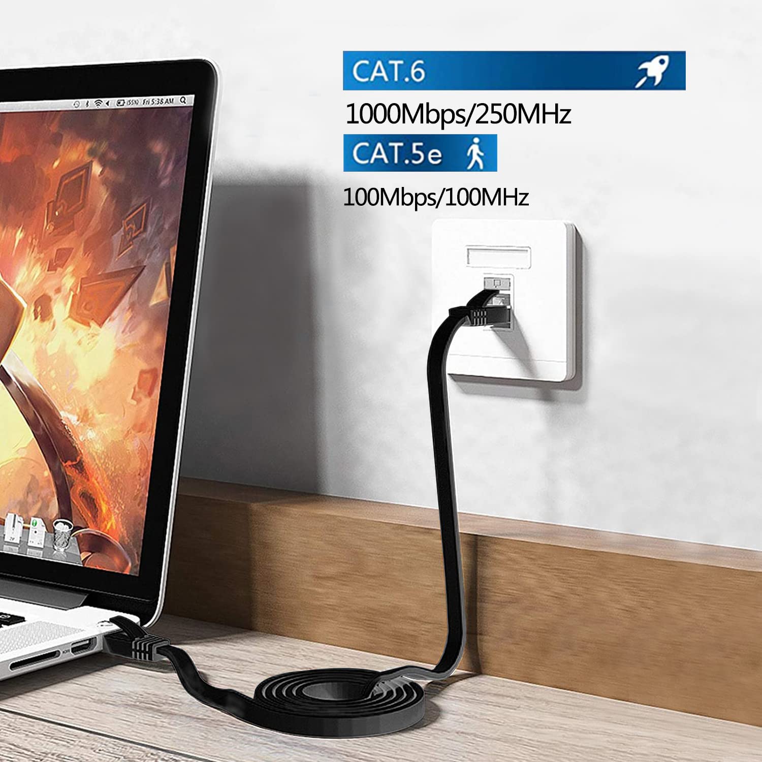 Soibke Cable Ethernet 40m, RJ45 Cat 6 Câble Réseau LAN Haut Débit Fibre Plat 1000Mbit/s Extérieur Intérieur, Fil Ethernet Noir Câble Internet Gigabit Cable Wifi 40m pour Routeur Modem