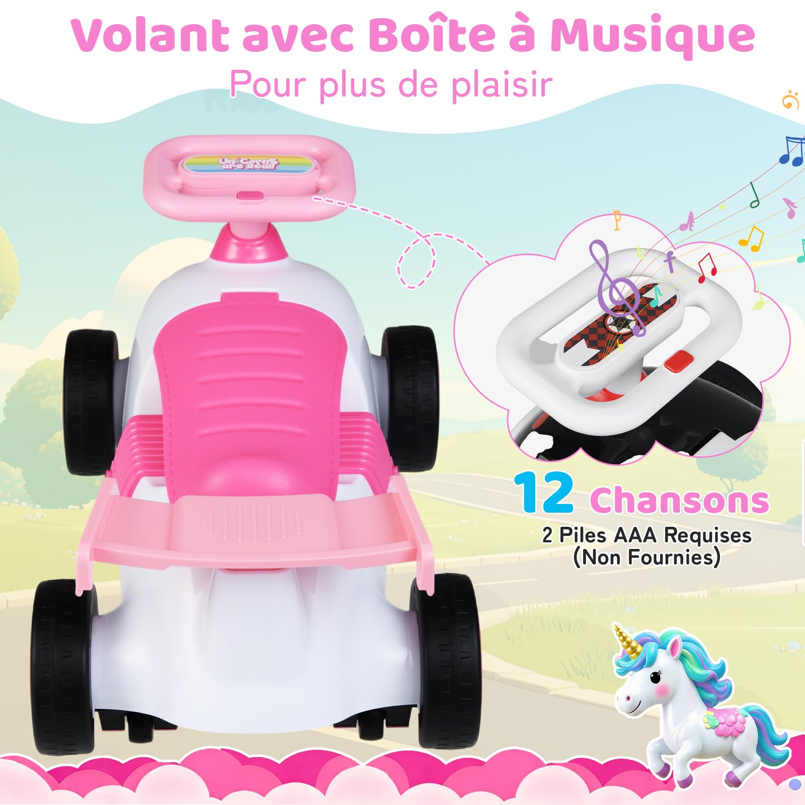 COSTWAY Porteur Enfant en Frome Licorne avec Volant & Musique, Voiture à Pousser Bébé avec Coffre à Jouets Caché & roulettes Universelles, Charge 15 kg pour Garçons Filles de 19-36 Mois (Rose+Blanc)