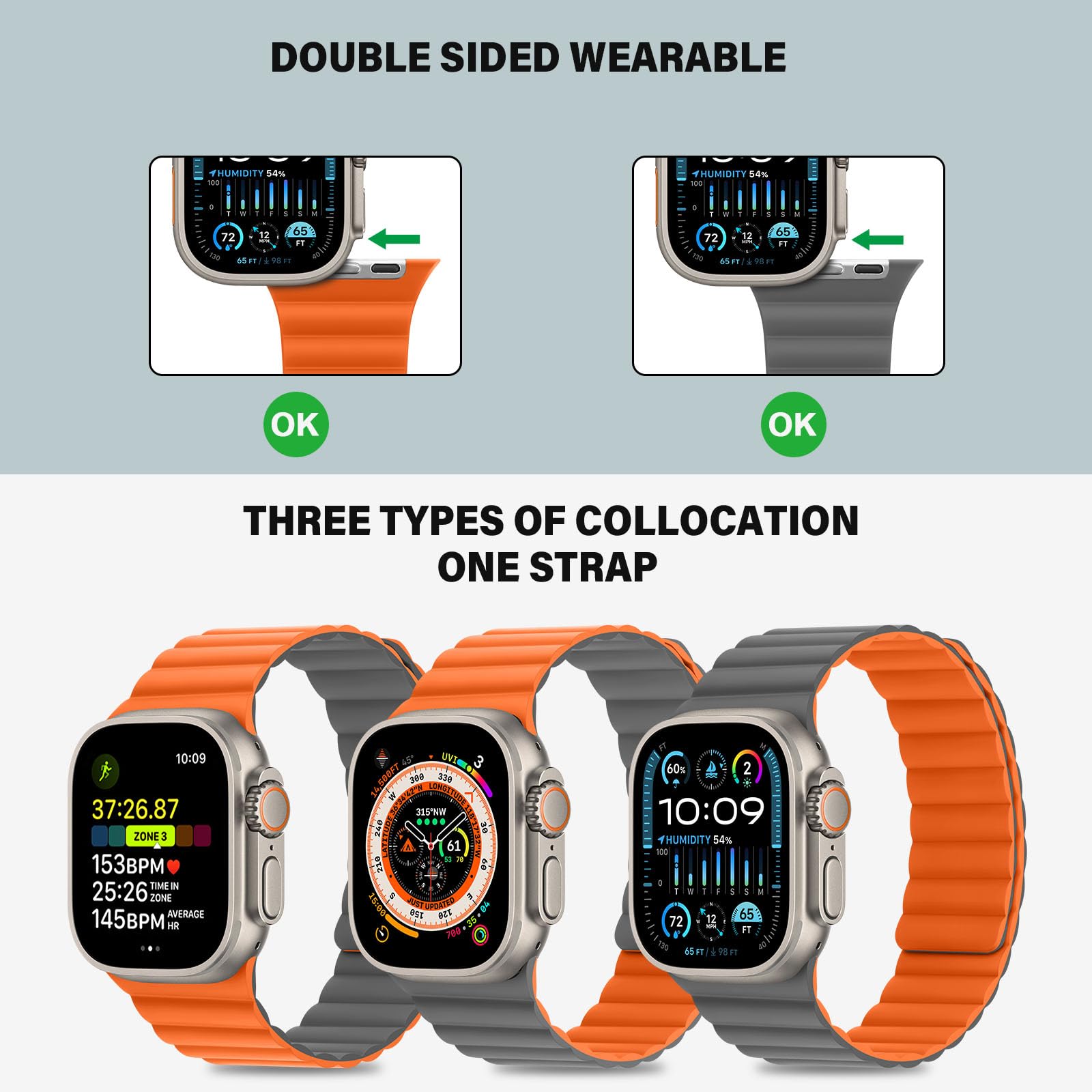 Bisikor Compatible with Apple Watch Strap 49/46/45/44/42/41/40/38mm Double Sided Wearable Silicone Magnetic Strap for iWatch Ultra SE Series 10 9 8 7 6 5 4 3 (42/44/45/46/49 - Image 3