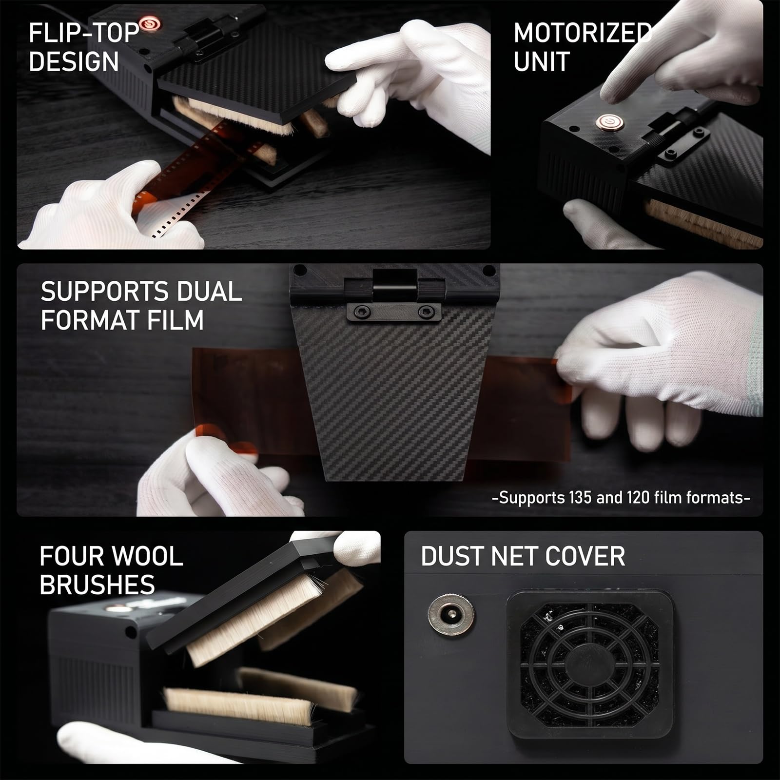 Limpiador eléctrico antiestático para Negativos, Cepillo motorizado con 4 cerdas de Lana Suave, Equipo de Limpieza para Cuarto Oscuro, Tapa abatible, para Estudios fotográficos de 135 y 120 mm