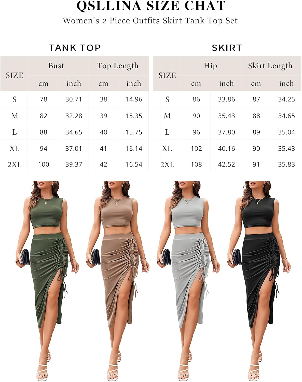 Miniatura 6 de Qsllina Conjunto de 2 piezas de camiseta sin mangas acanalada con cuello redondo y falda midi con cordón para mujer