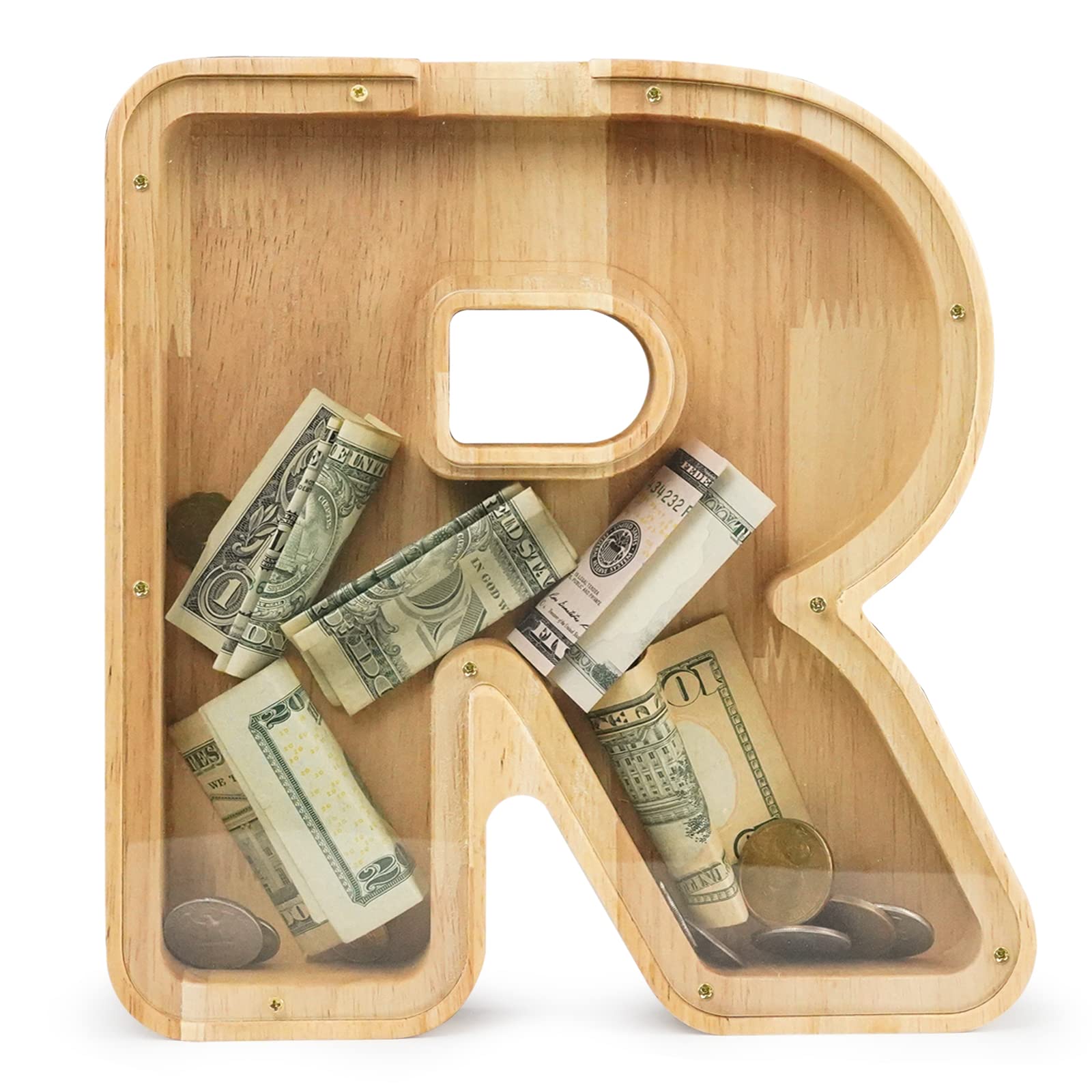 WOOD CITY Letter Piggy Bank for Adults Boys Girls Kids, Wooden 9 inch Large Personalized Bills and Coins Bank Money Box, Customized Name DIY Creative