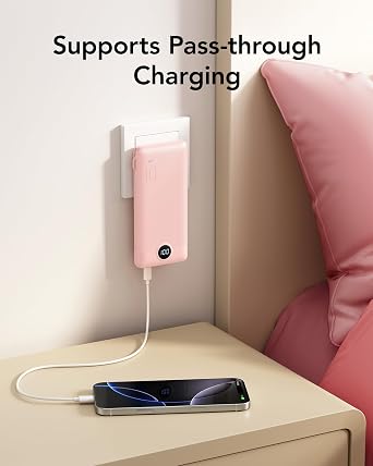 VRURC 22.5W Portable Charger 10000mAh Fast Charging with Built-in AC Plug | powe bank battery pack, travel essentials for women,USB C cable, Ultra Slim,pocket size Pink