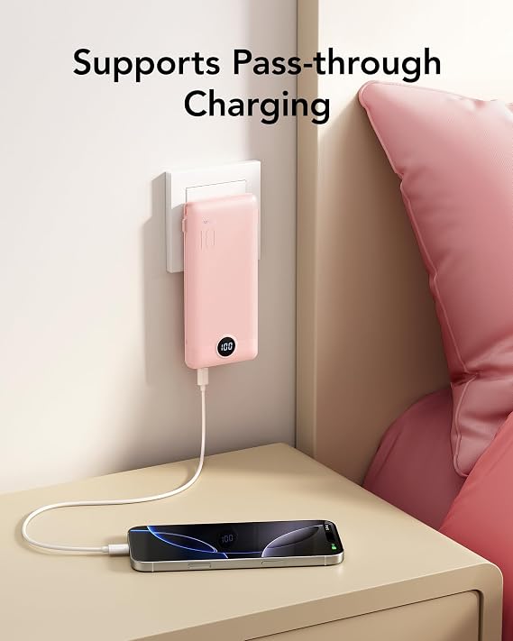 VRURC 22.5W Portable Charger 10000mAh Fast Charging with Built-in AC Plug | powe bank battery pack, travel essentials for women,USB C cable, Ultra Slim,pocket size Pink