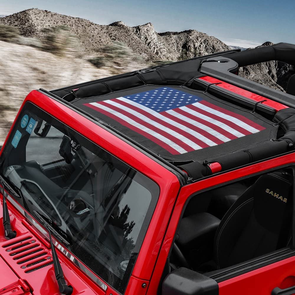 Sonnenschutz Mesh Shade Top Cover Polyester Strapazierfähiger Sonnenschutz für Jeep Wrangler 2007–2017 JK JKU 2-Türer, schwarz rot US-Flagge