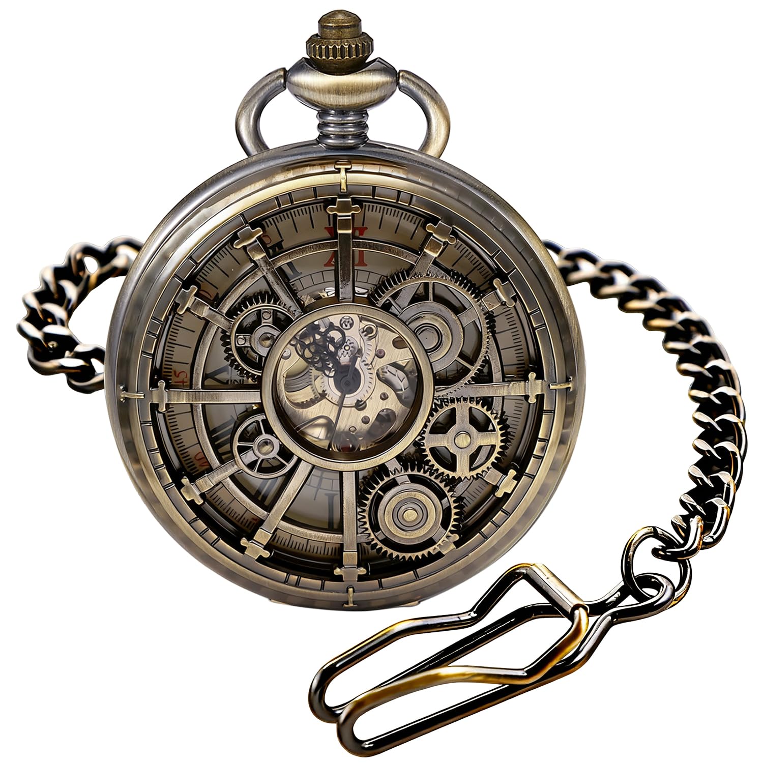 Tiong Vintage Style Hollow-Out Round Gear Arabic White Dial Men's Mechanical Pocket Watch