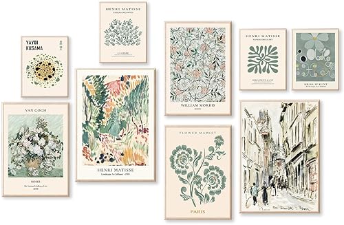 KBKBART - Arte de pared verde salvia, decoración ecléctica, 9 piezas de decoración de pared verde salvia, arte de pared de Matisse verde para