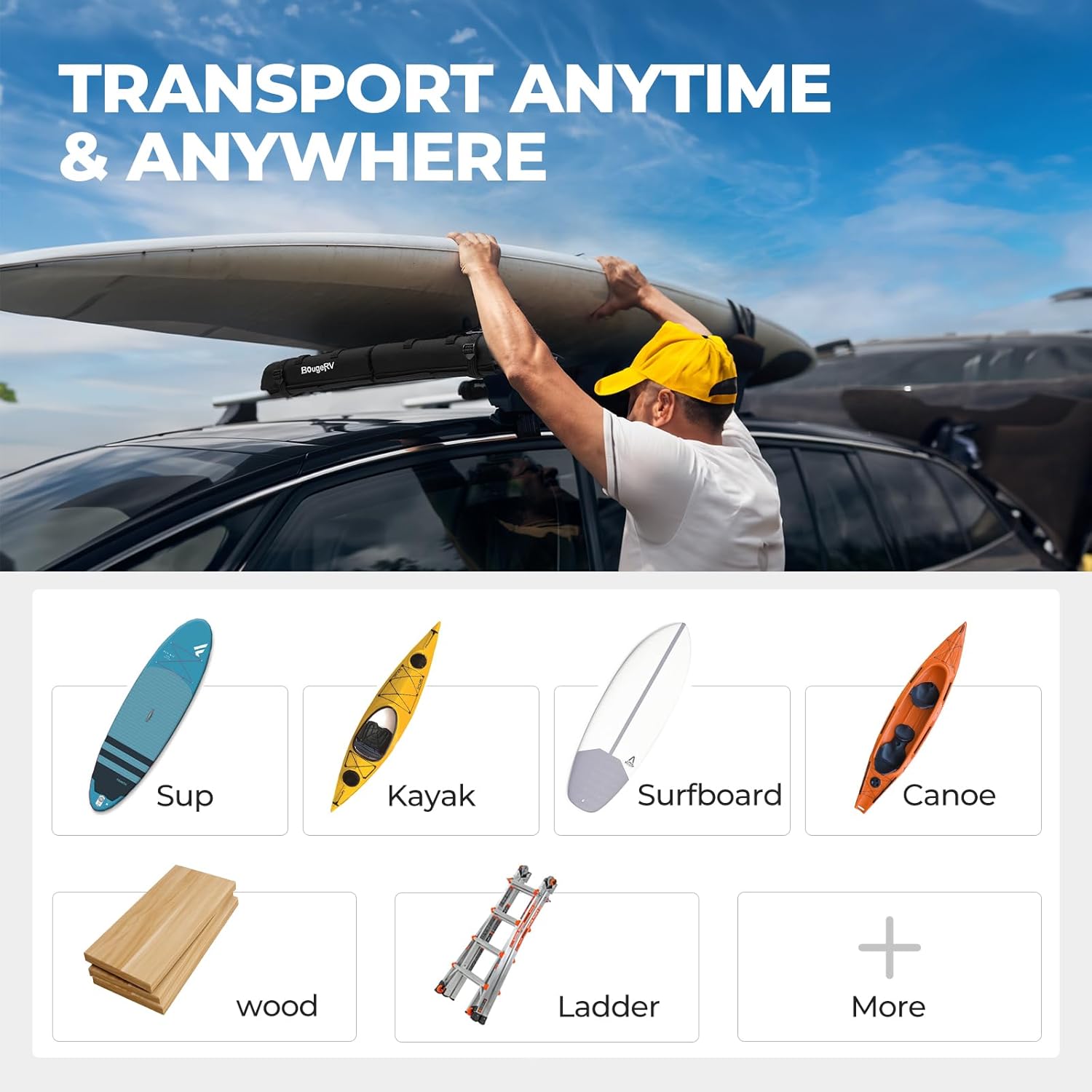 BougeRV 2.0 Soft Roof Rack Pads for Crossbars Protective, Water-Resistant Pads Surfboard Car Rack SUP Kayak Canoe Ladder Luggage Carrier, Universal for Cross Bars, Include 2 Endless Ratchet Straps - Image 6