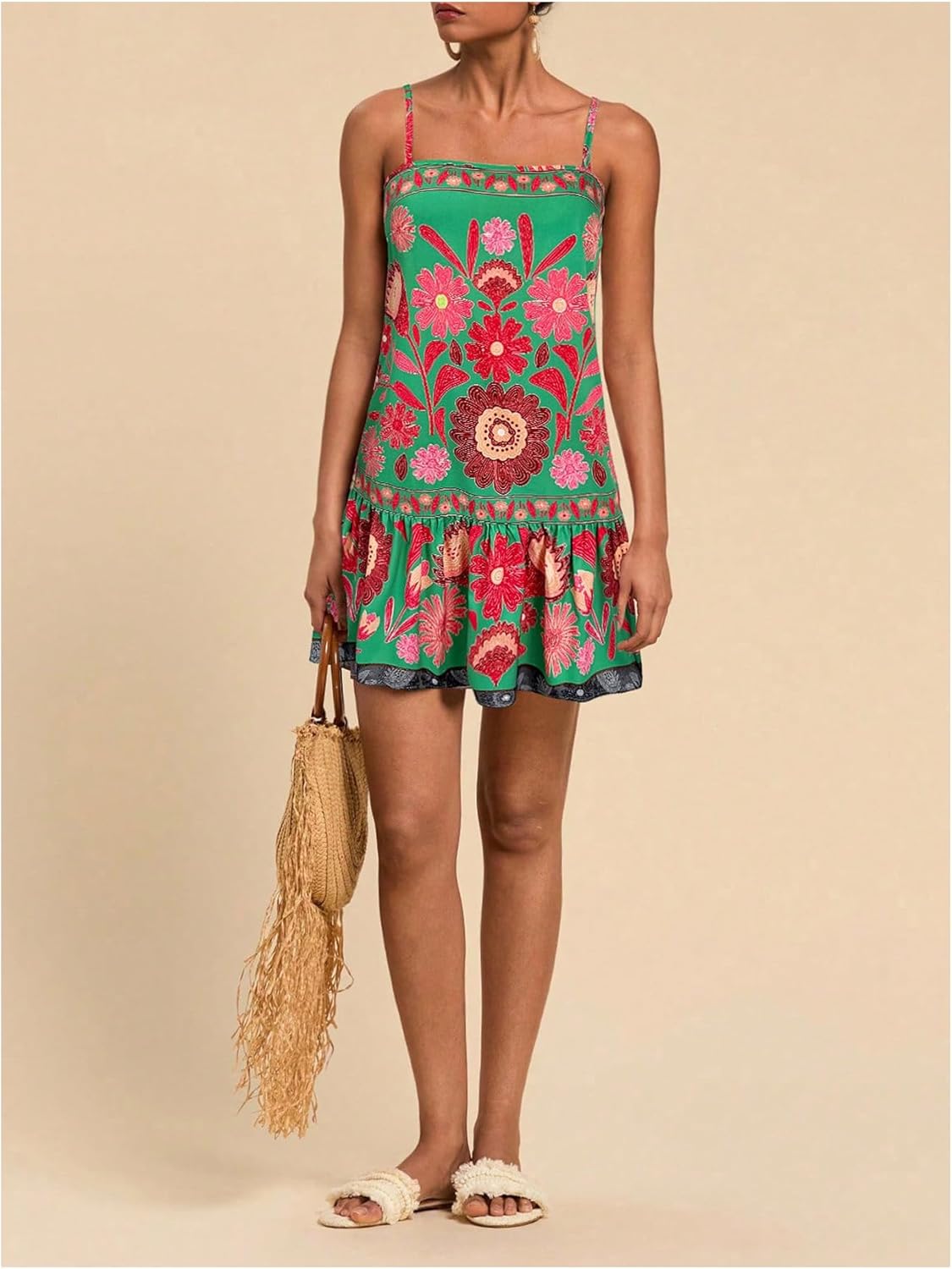 Women's Floral Boho Flowy Mini Cami Dress Ruffle Hem Spaghetti Strap Vacation Tank Dresses - Image 5