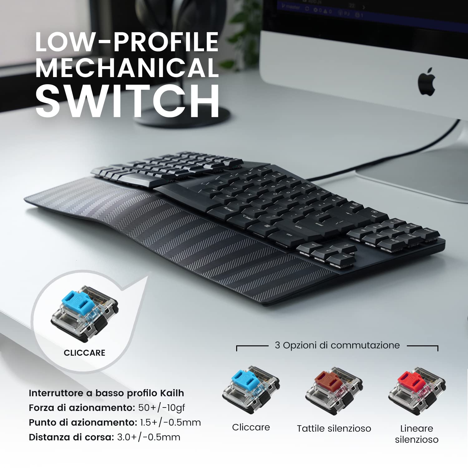 Perixx PERIBOARD-335BL Tastiera meccanica ergonomica compatta a filo - Tenkeyless - Tasti Clicky blue a basso profilo - Tasti macro programmabili-Compatibile con Windows e Mac OS X - Layout QWERTY