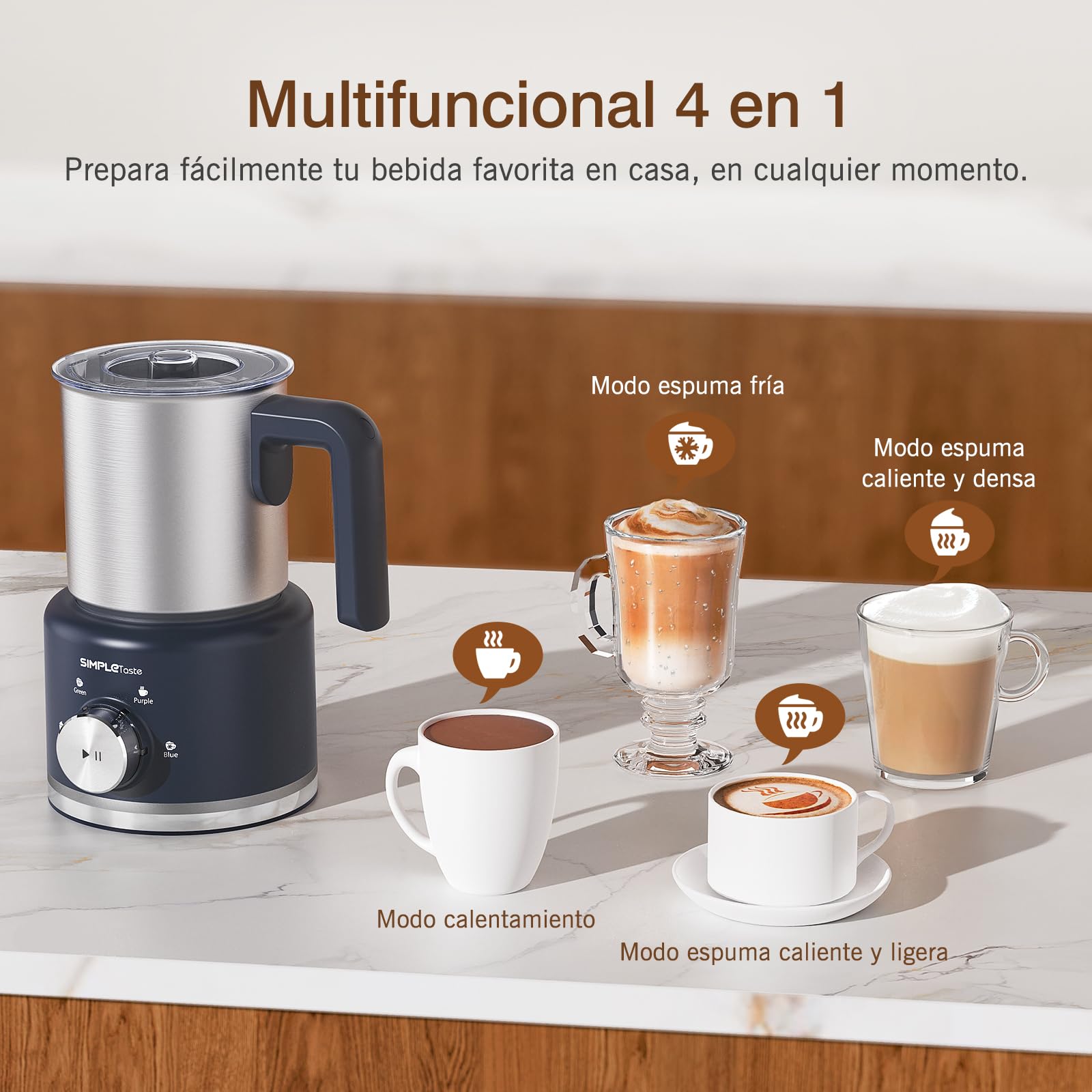 SIMPLETASTE Espumador de Leche Eléctrico 4 en 1, Jarra Desmontable, 500 ml Espumador Automático de Alta Capacidad para Leche Caliente y Fría, Café, Latte, Macchiato, Capuchino y Chocolate Caliente