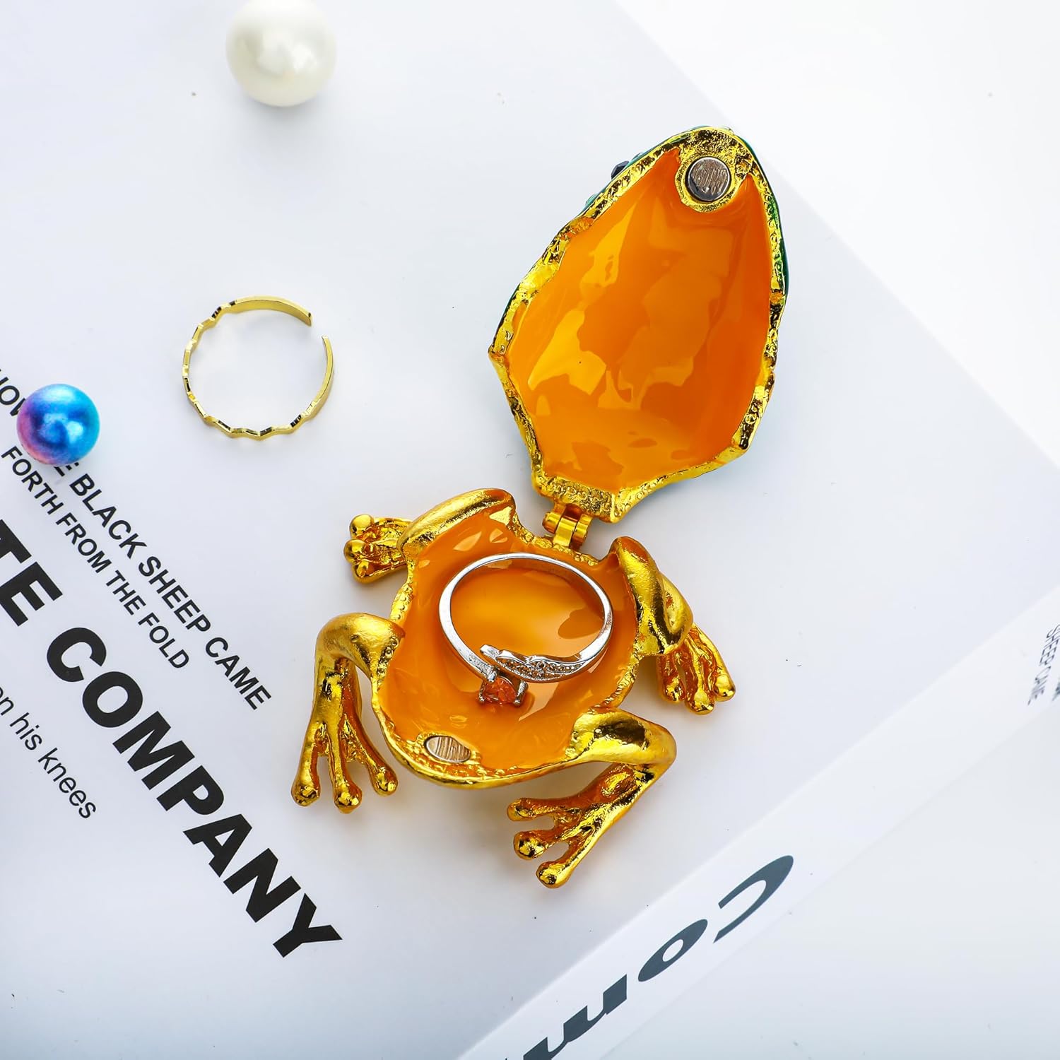 YU FENG Crystal Jeweled Crown Frog Trinket Box Hinged Collectible Frog Figurine Decor Ring Holder Hand-Painted Decorative Jewelry Holder Box - Image 4