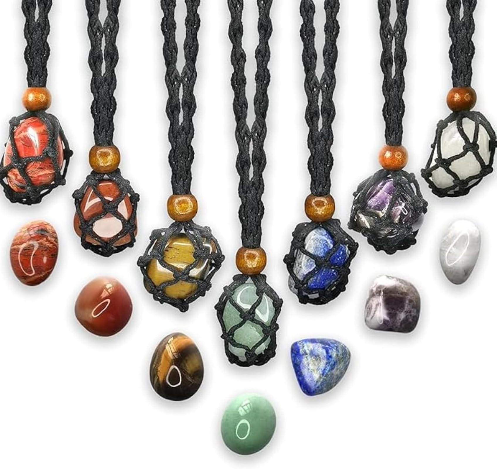 7 PCS Chakra Crystals Healing Stone Necklaces Set ，with Adjustable Rope Natural Crystal for Relaxation, Positive Energy, Yoga, Meditation Christmas Gift for Family Friends