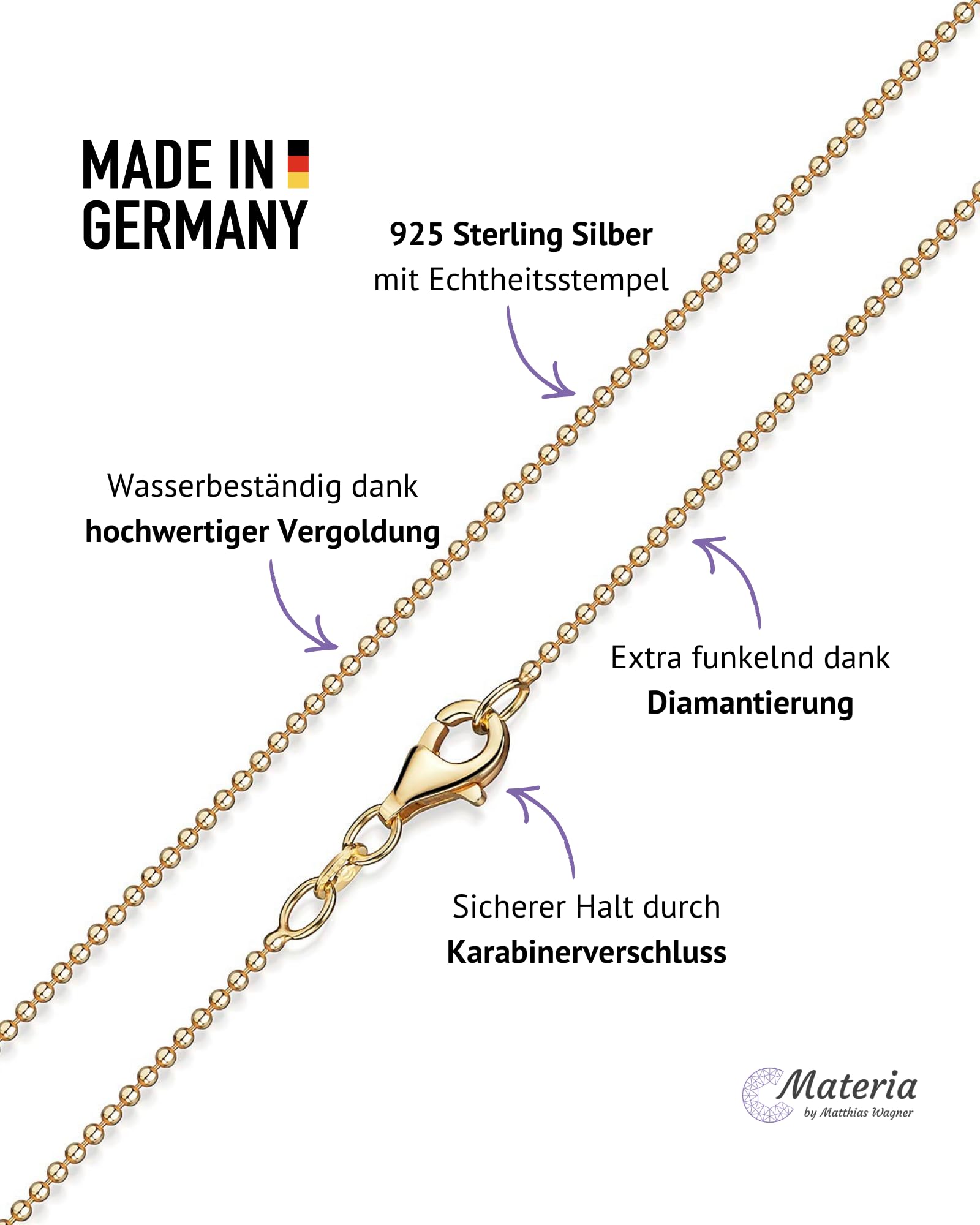 Kugelkette Silber 925 vergoldet 1,2mm Gold Halskette Damen diamantiert K73 | Kette aus Kugeln in allen Längen von 40-120cm – Made in Germany von Materia by Matthias Wagner