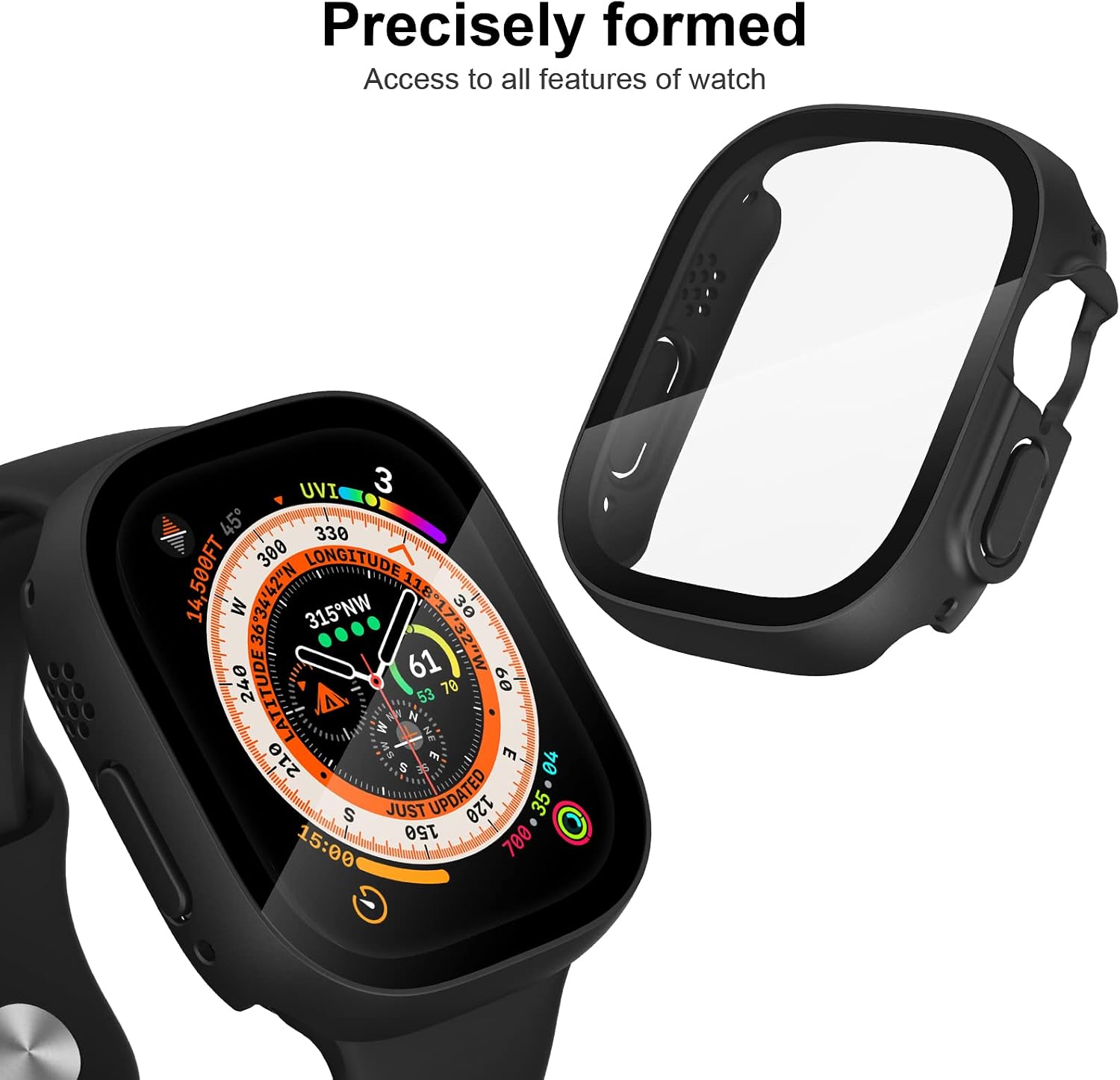 OXWALLEN Sport Rugged Bumper Designed for Apple Watch Ultra 49mm Case Built in 9H Tempered Glass Screen Protector, Hard PC Protective Case Cover - Matte Black