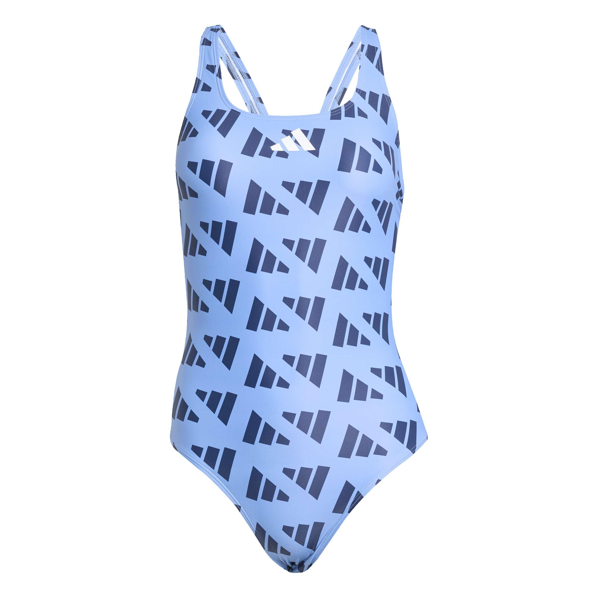 adidas Women's Logo Graphic V-Back Swimsuit, Blue Fusion/Dark Blue, 34