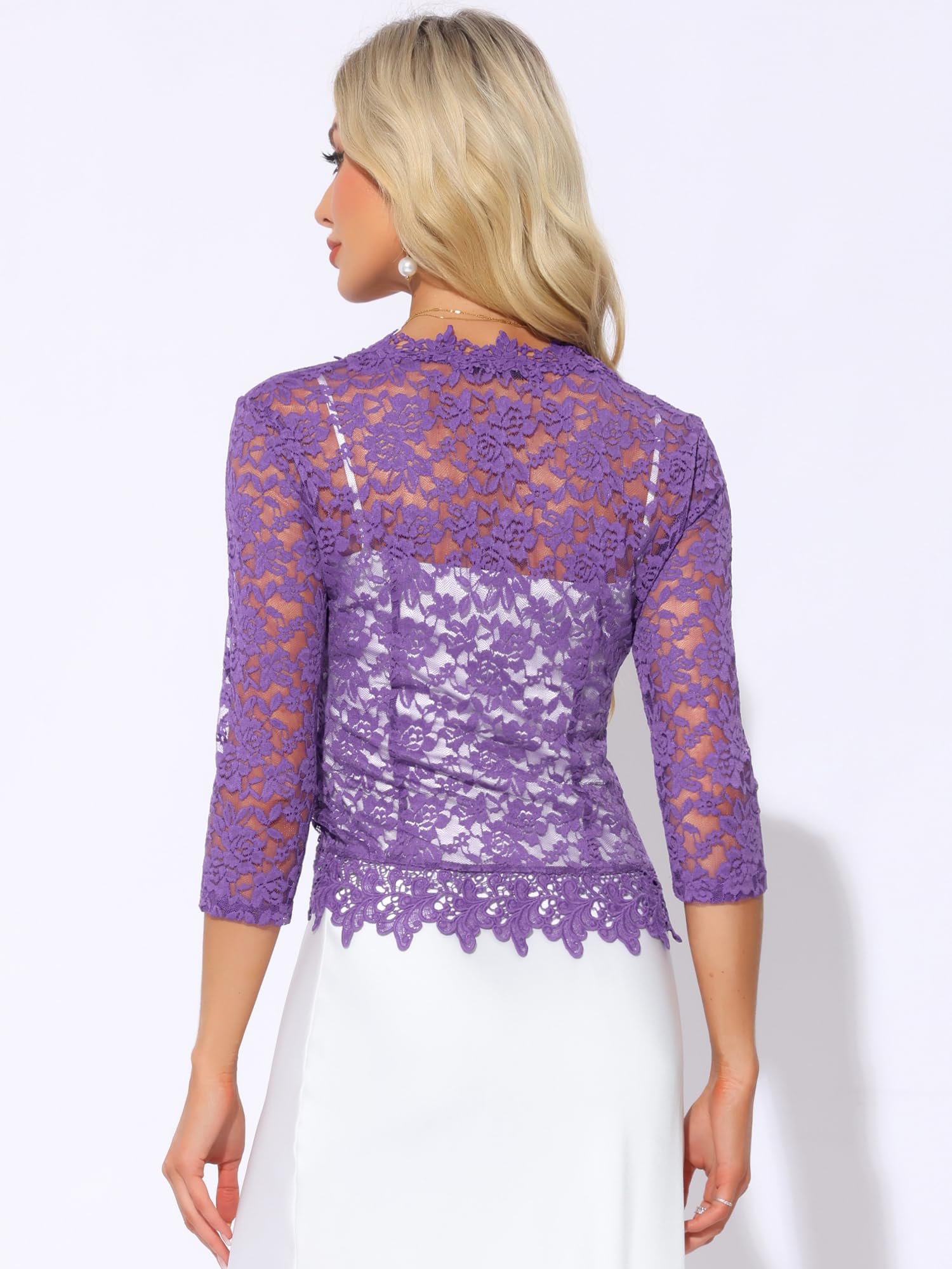 Allegra K Boléro en dentelle florale pour femme manches 3/4 formelle élégante Boléro Cardigan