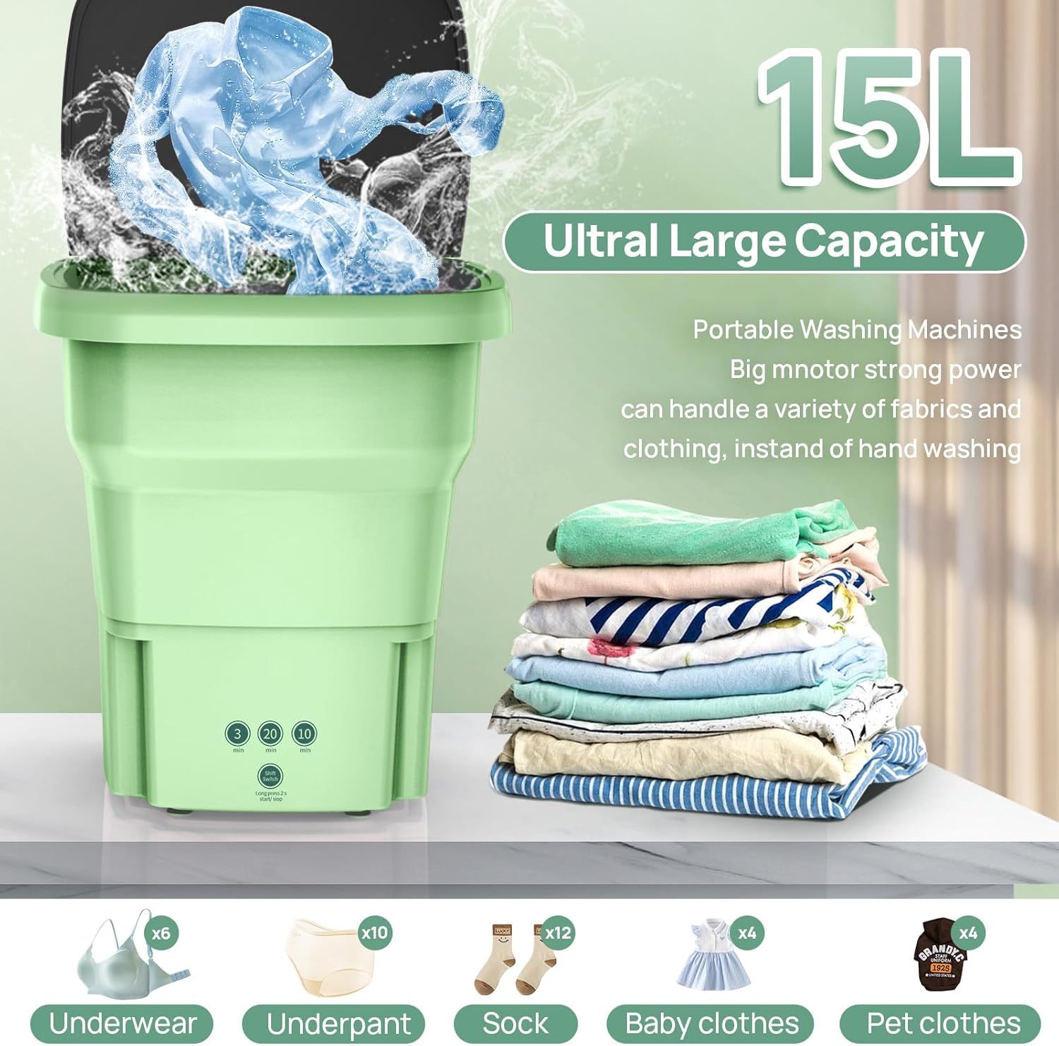 Portable Washing Machine, 15L Foldable Mini Washer with 3 Intelligent Cleaning Modes,Mini Folding Washing for Travel,Camping,Apartment,Dorm,Baby Clothes,Socks,Underwear (Green)