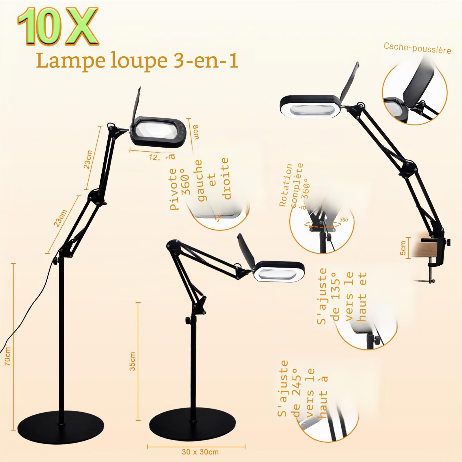CGBE Lampe Loupe 10X avec lumière: 5'' Loupe de Lecture avec étui Anti-poussière, 5 modes couleur et intensité variable. 3-en-1 Loupe Lampe Inclut Socle et Pince pour Bricolage, Travaux et Loisirs.