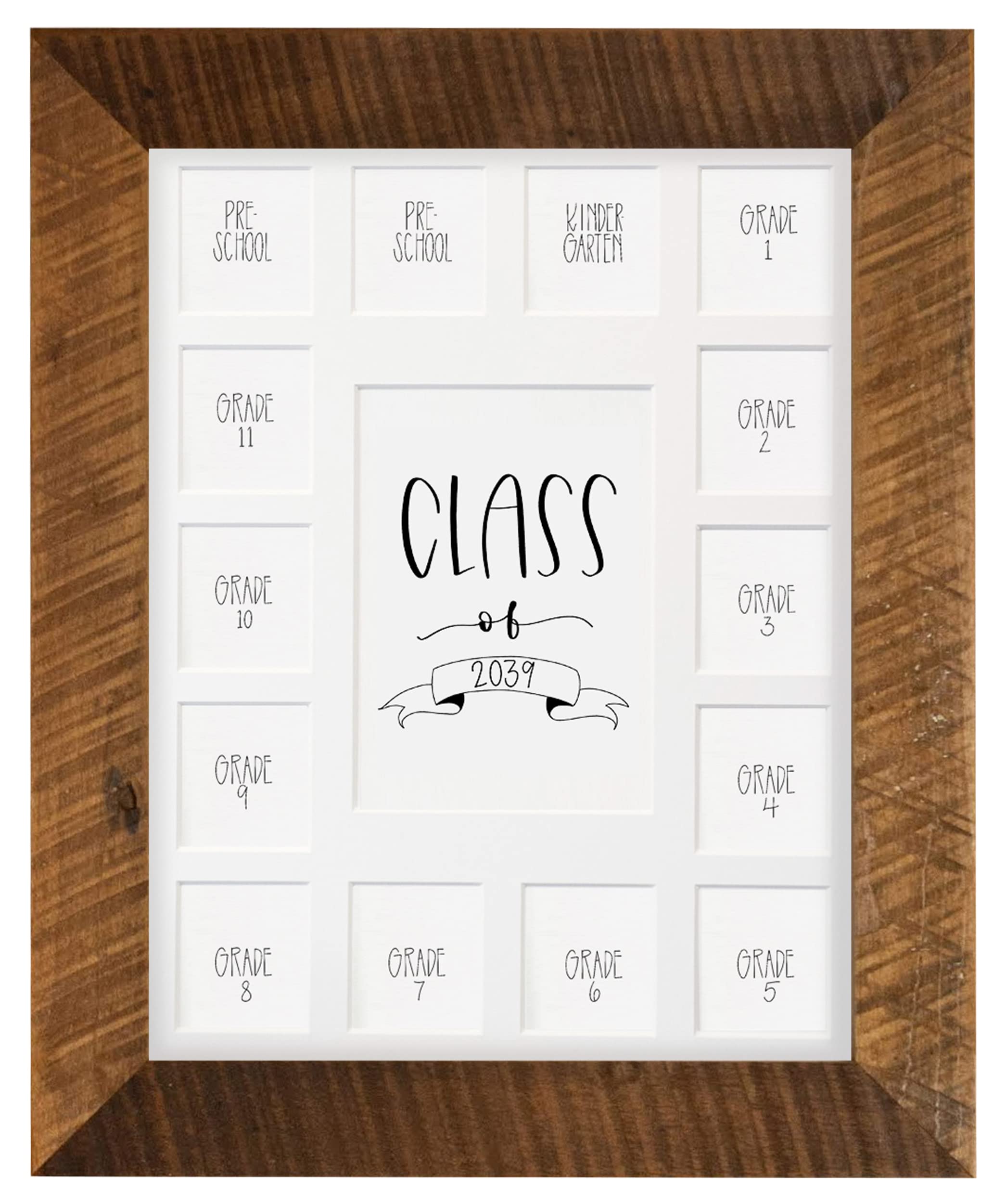 Rustic Red Door Co. School Years Reclaimed Wood Picture Frame with Mat - 11x14 Wooden Framed 15 Photo Collage Mat Pre-School &amp; Kindergarten to 12th Grade (Class of 2039, White)