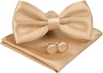 URAQT Mens Bow Tie Set, Classic Solid Color Pre-Tied Bow Tie and Pocket Square Cufflink Set for Men, Satin Tux Bowtie & Handkerchief, Formal Bowtie for Wedding Graduation Mother GiftsChampagne