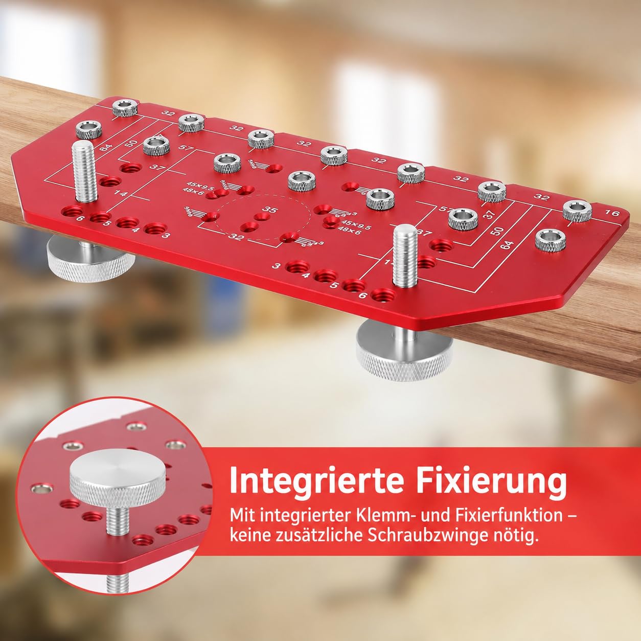 2-in-1 Topfband-Bohrschablone für 35 mm Scharniere & 32 mm Lochreihe | Möbel-Bohrlehre aus Aluminium für präzise Bohrungen an Schranktüren, Topfscharnieren, Lochreihen & Möbelmontage
