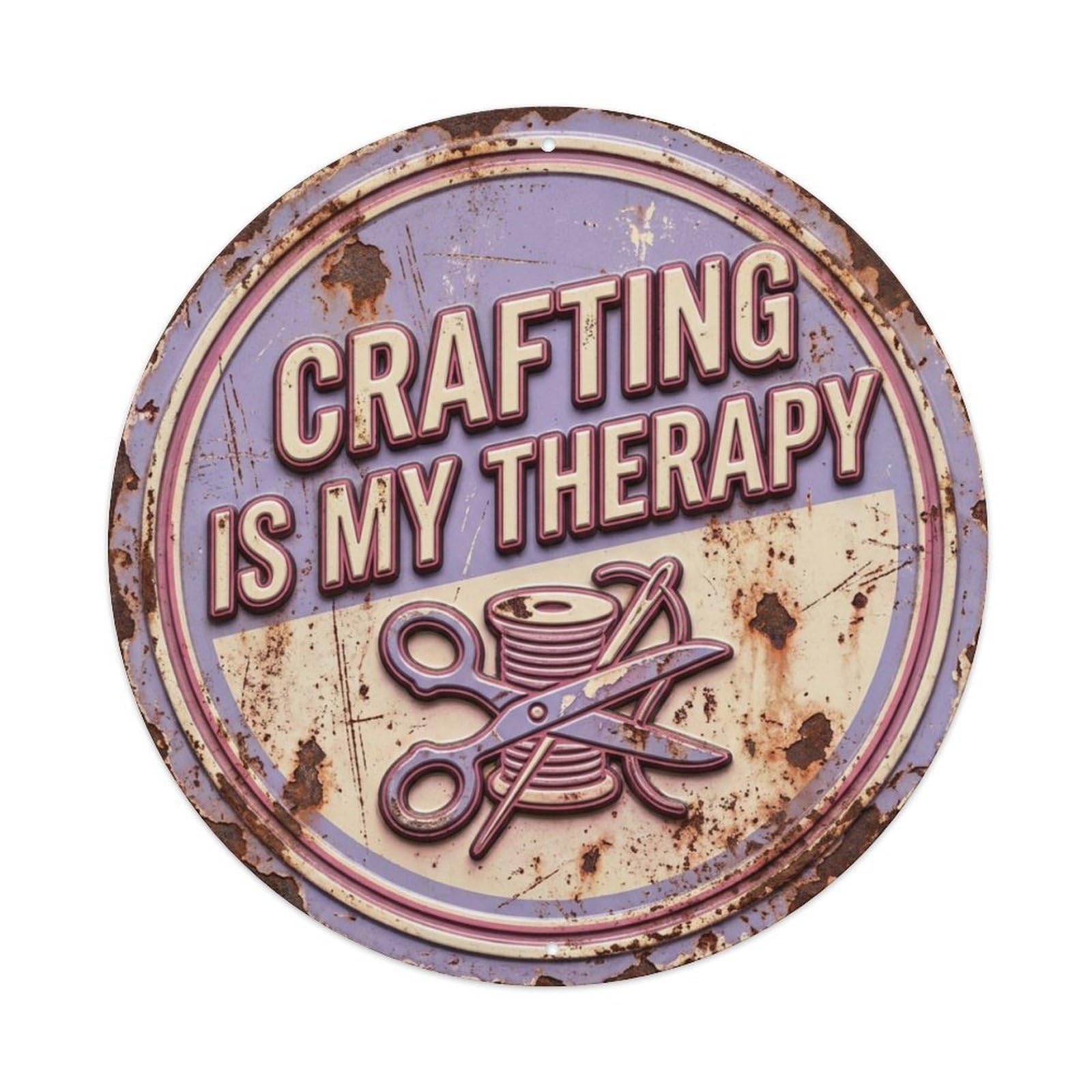 Crafting My Therapy Nostalgic Living Display Retro Slogans Vintage Metal Tin Sign Plaque Wall Decor for Cafe, Club, Garden Round Metal Poster 8x8Inch