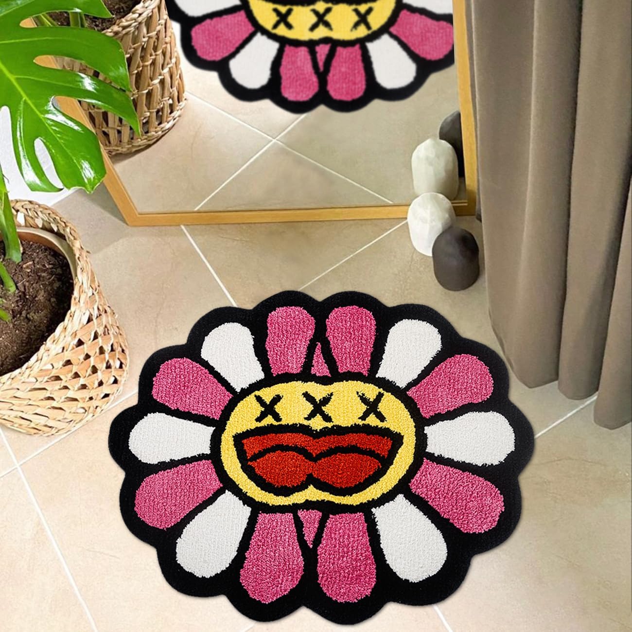 Trippy Flower Rug Cool Rugs Fun Pink Bathroom Rugs Tufted Large Extra Soft Quick Dry Non Slip Bath Mats Water Absorbent Bathroom Mat Washable Aesthetic Carpet, 2.6 x 3.2FT