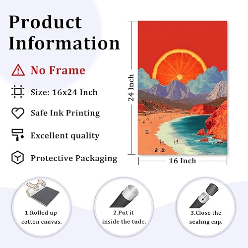 Miniatura 3 de Arte de pared de montaña de playa naranja, impresión estética vintage sin él, imagen retro de los años 70, arte de pared bohemio con atardecer en el