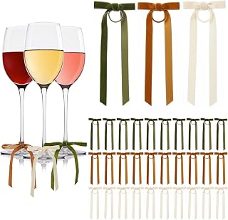 30 Pcs Christmas Wine Glasses Bow Velvet Drink Markers Charms with Hook and Loop Wine Tags Christmas Decorations for Stem Tasting Party(Brown,Green,Khaki)