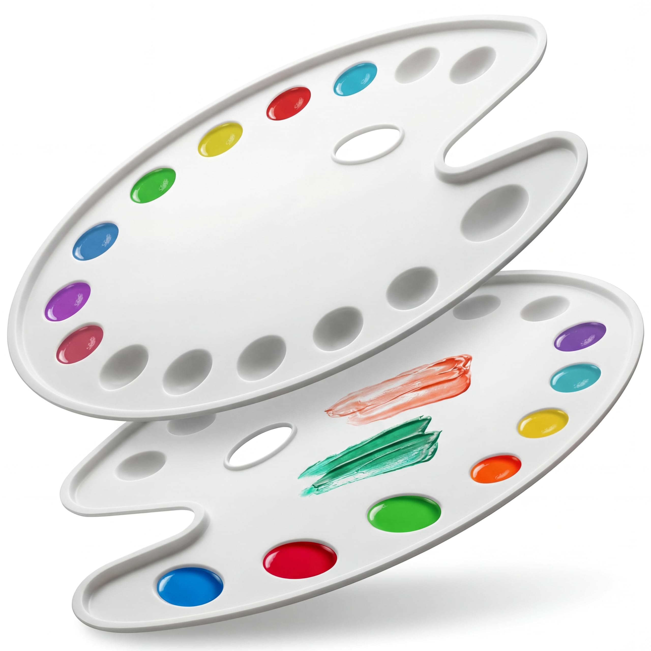 DUGATO Large Oval Paint Palettes (2 Pack, 14x10.5 inches) - 14-Well Plastic Mixing Trays for Acrylic, Oil, Watercolor & Gouache - Artist Supplies