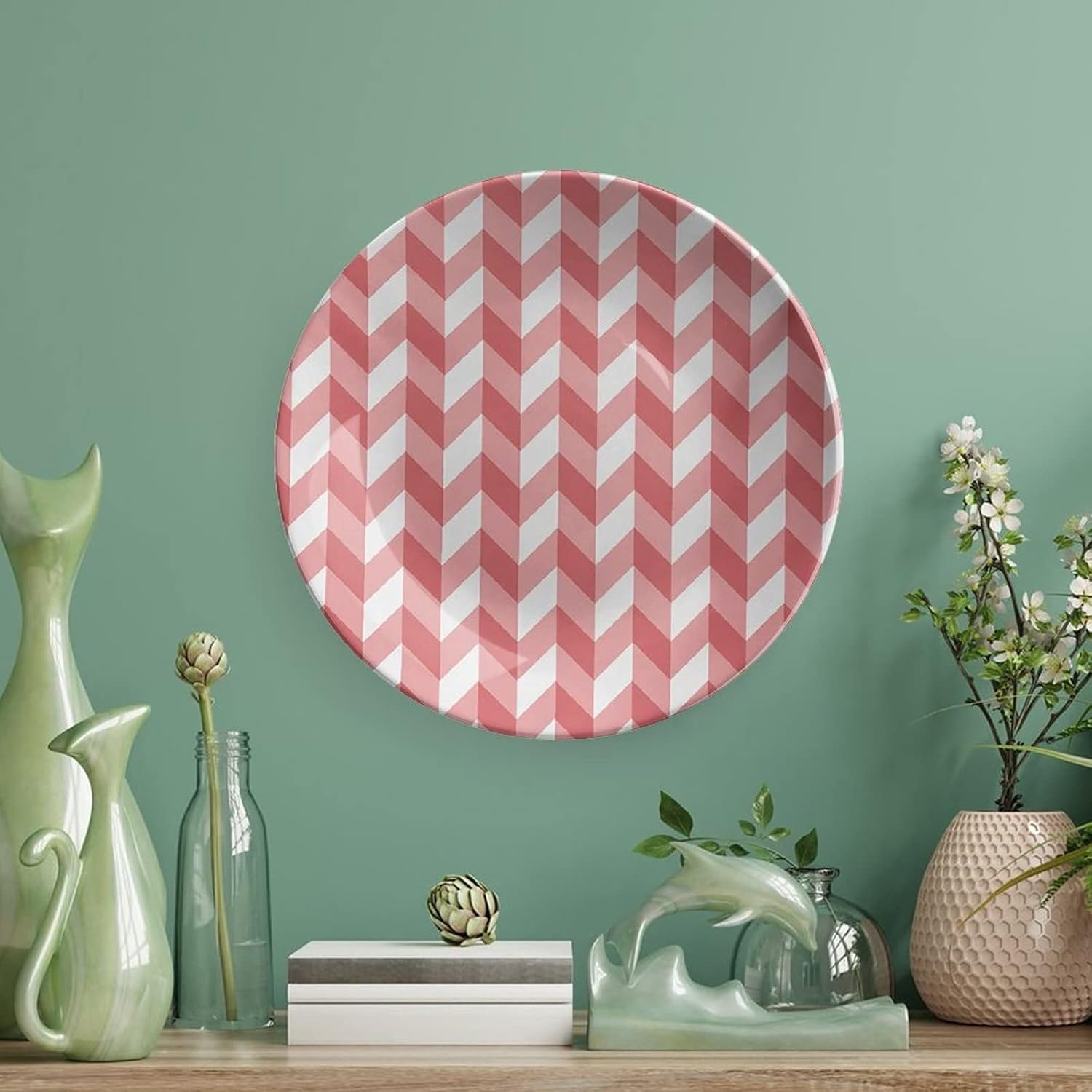 XISUNYA 8 Inch Decorative Plate, Coral Dinner Plate, Retro Abstract Geometric Striped Chevron Zigzags Triangular Print Ceramic Wall Hanging for Home & Office Wall Hanging Decor