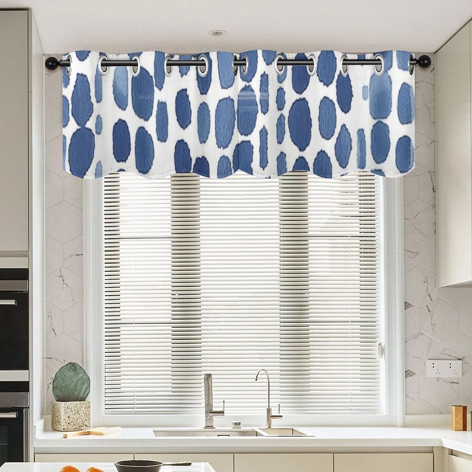 Rideaux de cantonnière à pois bleus et blancs, lot de 2 pièces pour petite fenêtre, 132x45,7 cm